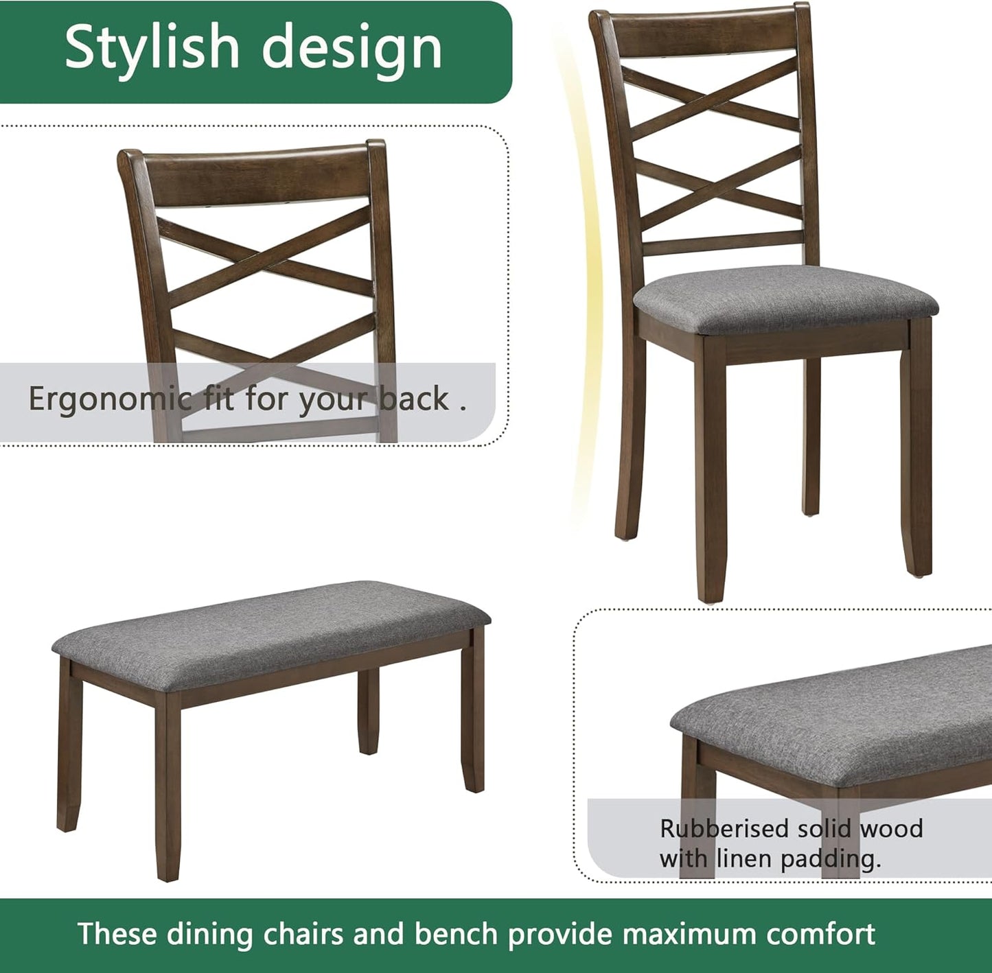 soges 6 Piece Kitchen Dining Set, Rectangular Wooden Dining Table with 4 Upholstered Chairs and a Bench, Morden Dining Table Set for 6 People, Living Room, Home Bar and Kitchen, Walnut