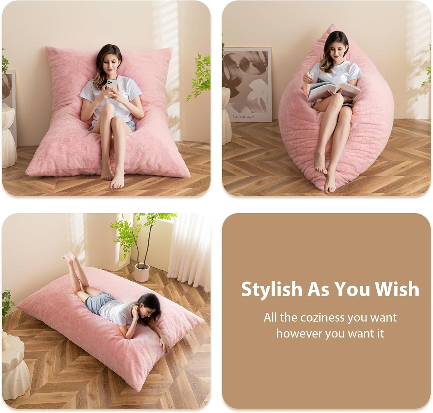 BYBYME 3 in 1 Bean Bag Chair, Convertible Chair Folds from Bean Bag to Lounger, High-Density Foam Filling, Faux Fur Big Sofa Bed, Giant Bean Bag Chair Bed for Adults