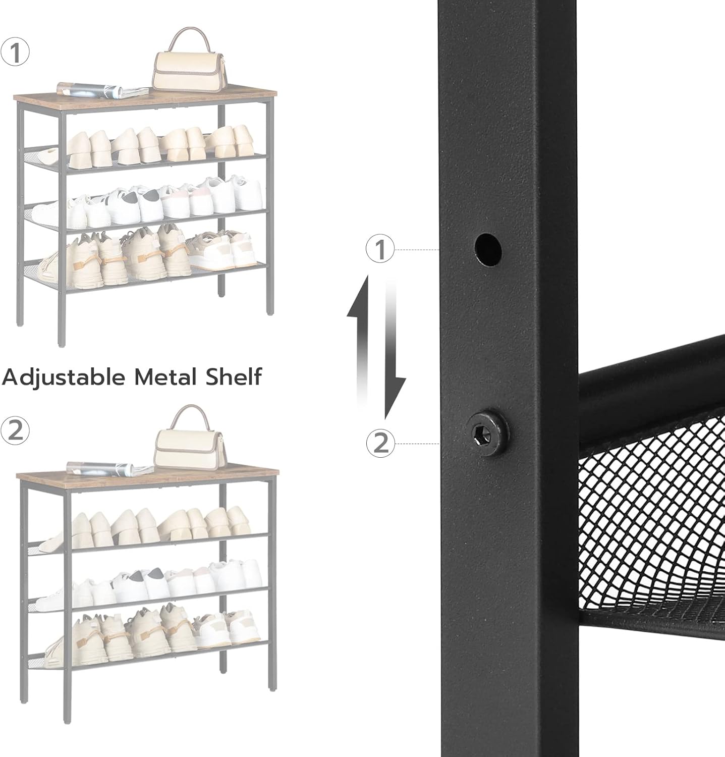 HOOBRO Shoe Rack for Entryway, 4-Tier Shoe Organizer with Adjustable Mesh Shelves, 12-16 Pairs of Shoes, Spacious Floor Mount, Metal, Industrial, Shoe Shelf for Closet, Rustic Brown BF42XJ01