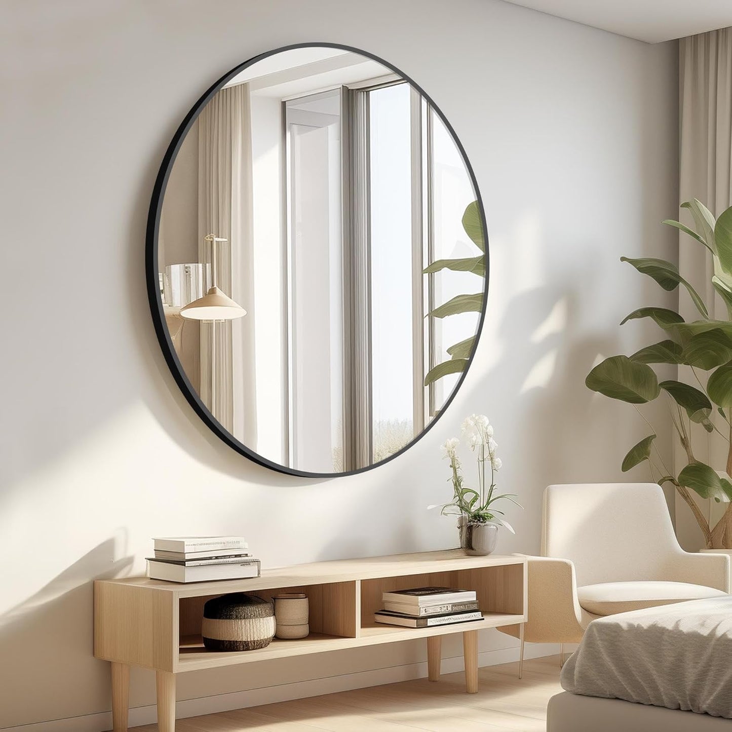 Black Round Mirror 39 inch Large Circle Mirror, Aluminum Alloy Metal Frame Bathroom Mirror, Round Wall Mirror, Circle Mirrors for Wall Entryway Bedroom Living Room