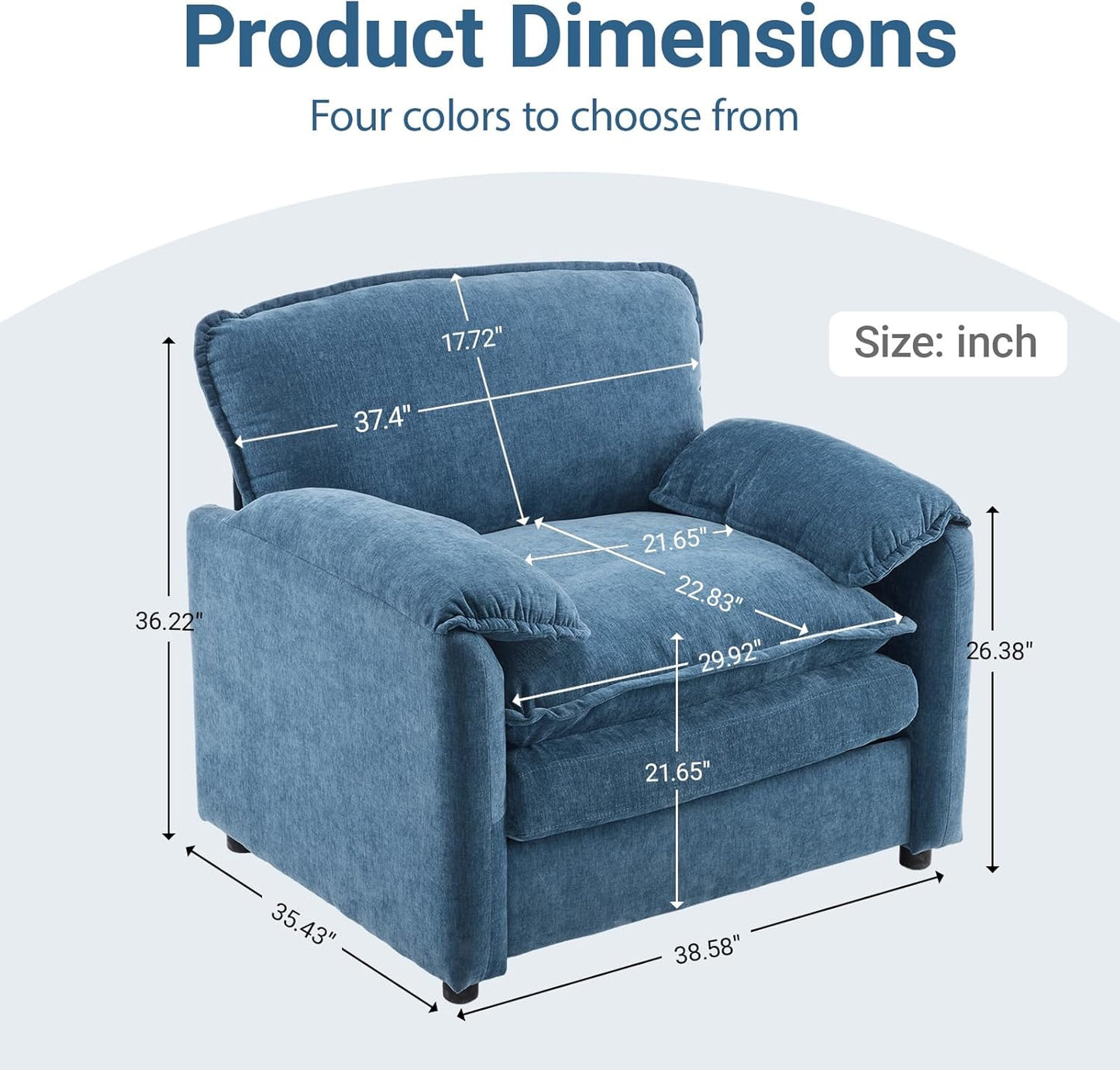 Ball & Cast 38" Oversized Chenille Lounge Chair,Reading Armchair with Thick Comfort Cushions,High Back Support & Wide Seat,Perfect Accent Chair for Modern Living Room,Bedroom,Blue