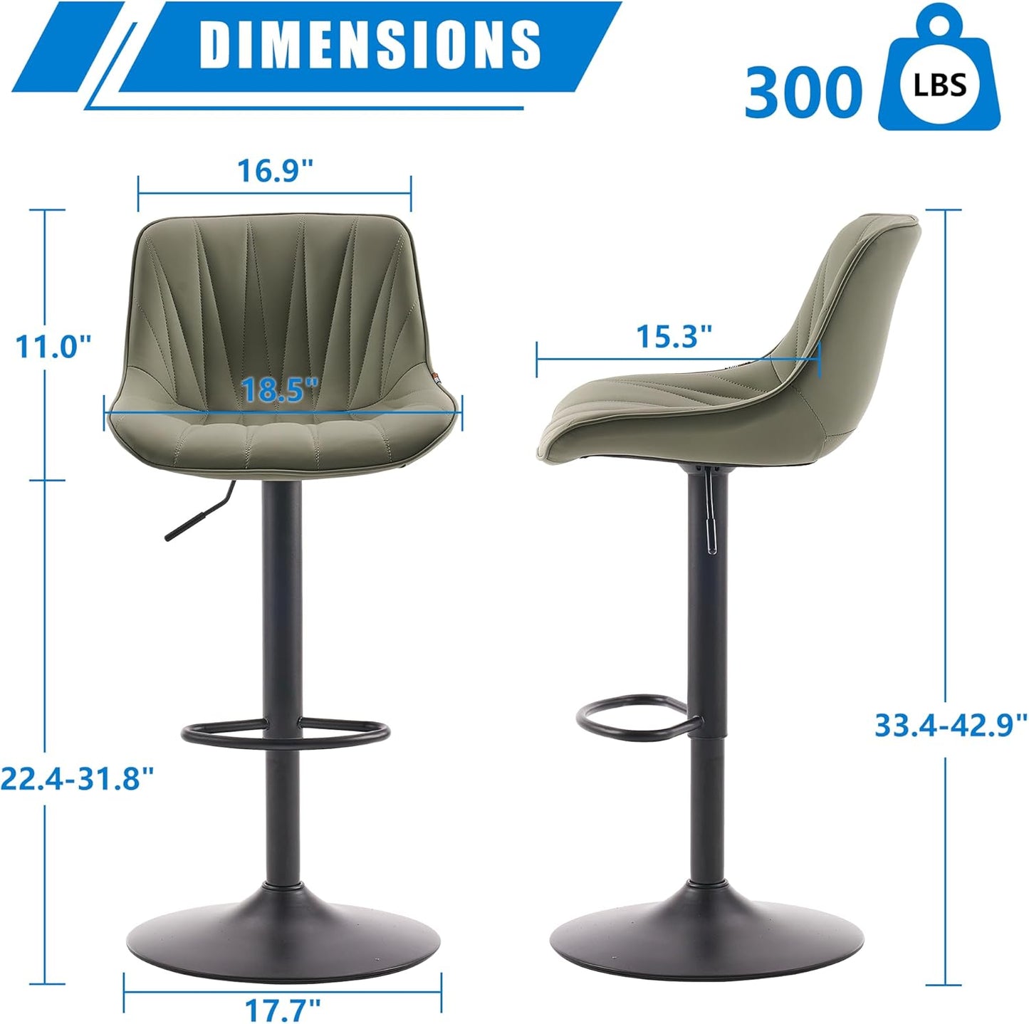 YOUNIKE Bar Stools Set of 2 for Kitchen Island, Olive Green Swivel Tall Bar Stools, Faux Leather Padded Barstools with Back, Modern Counter Height Bar Chairs with 300LBS Support