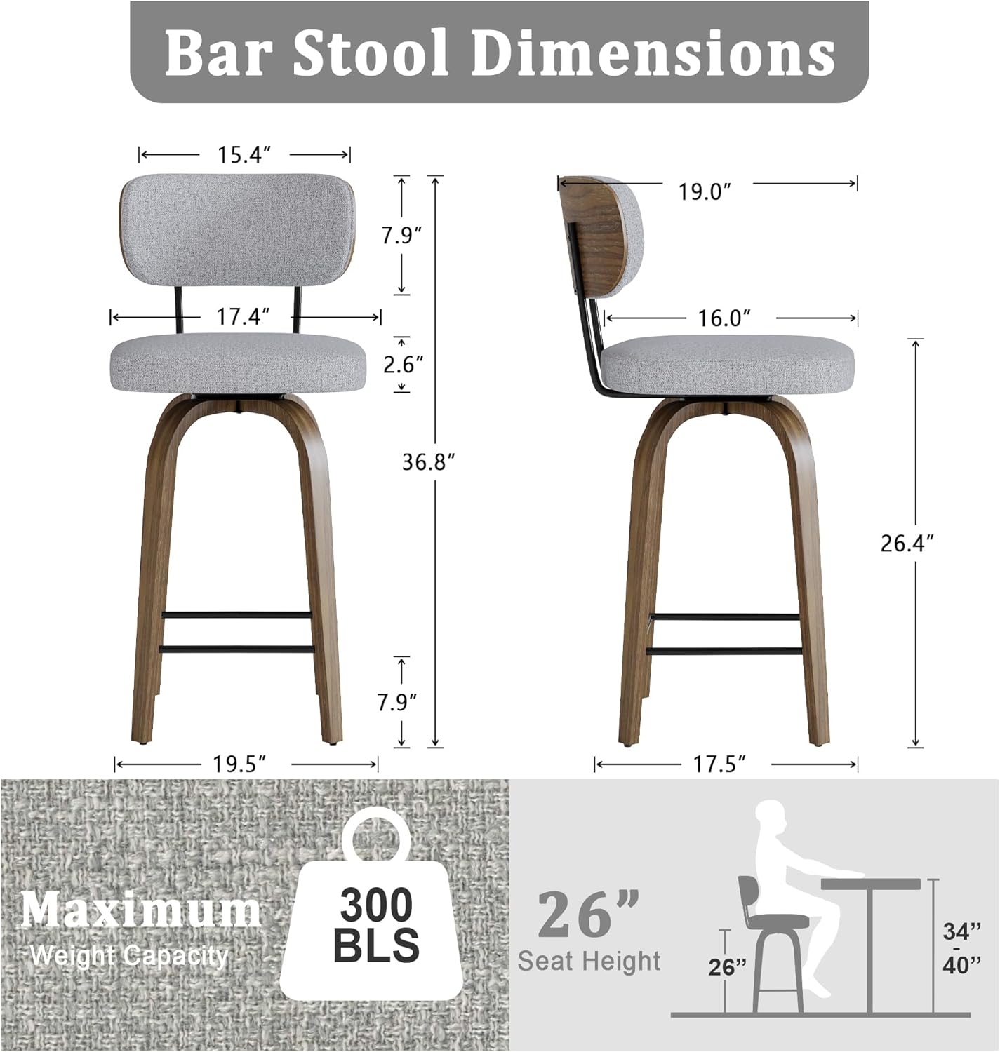 Swivel Counter Height Bar Stools with Back Set of 2, 26" Fabric Upholstered Kitchen Bar Stools with Wood Legs and Metal Footrest for Kitchen Island (Grey Fabric)