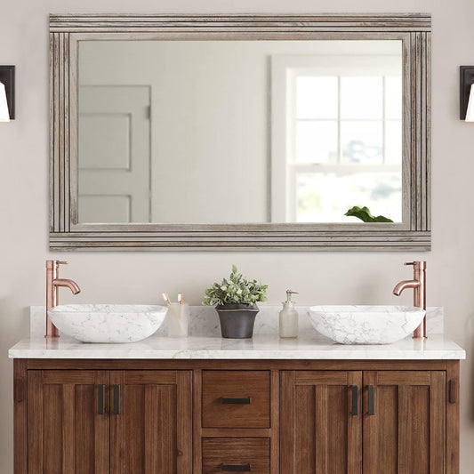 YOSHOOT Hand-Made Wooden Spliced Wall Mirror for Bathroom, Rustic Farmhouse Vanity Mirror, Décor Wall Art, Solid Wood Frame, Vertical or Horizontal Hanging, 72" x 36", Grey