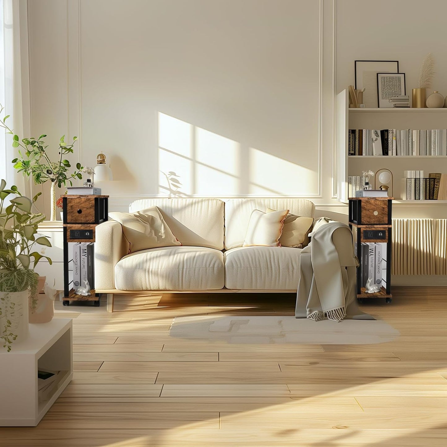 Side Table Set of 2, Side Table with Charging Station and Drawer, Narrow End Table with USB Ports and Outlets for Small Space, Living Room, Bedroom and Office, with 4 Wheels