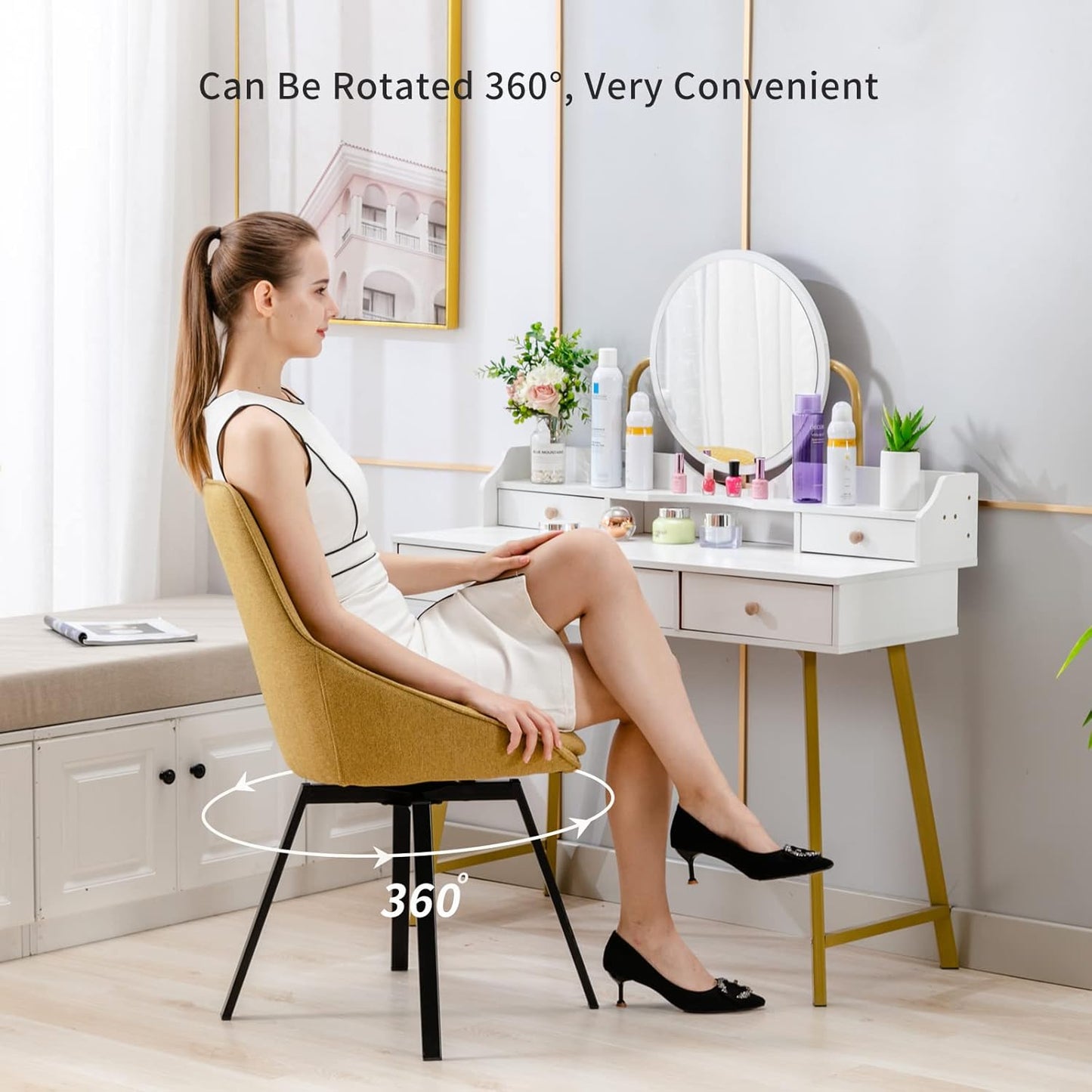 Dining Chairs Set of 2 Yellow Living Room Chairs Fabric Upholstered Kitchen Chairs,Loads Up to 270lbs,Quick Assembly,Swivel Dining Chair