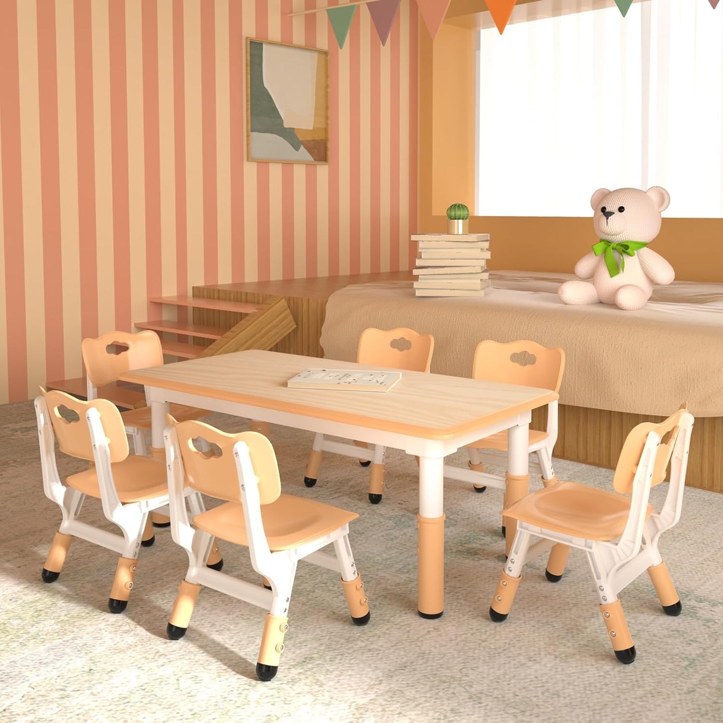 Kids Table and 6 Chairs Set，Height Adjustable Children Table & Chair，Toddlers Study Multi-Activity Table with 47.2"x23.6" Wipe-Clean Desktop，for Classrooms, Homes & Daycares