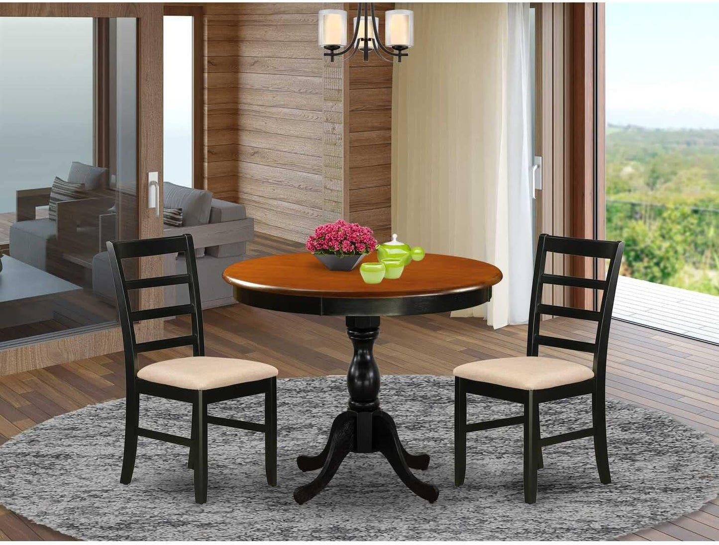 East West Furniture AMPF3-BCH-C 3 Piece Dining Table Set for Small Spaces Contains a Round Kitchen Table with Pedestal and 2 Linen Fabric Upholstered Chairs, 36x36 Inch, Black & Cherry