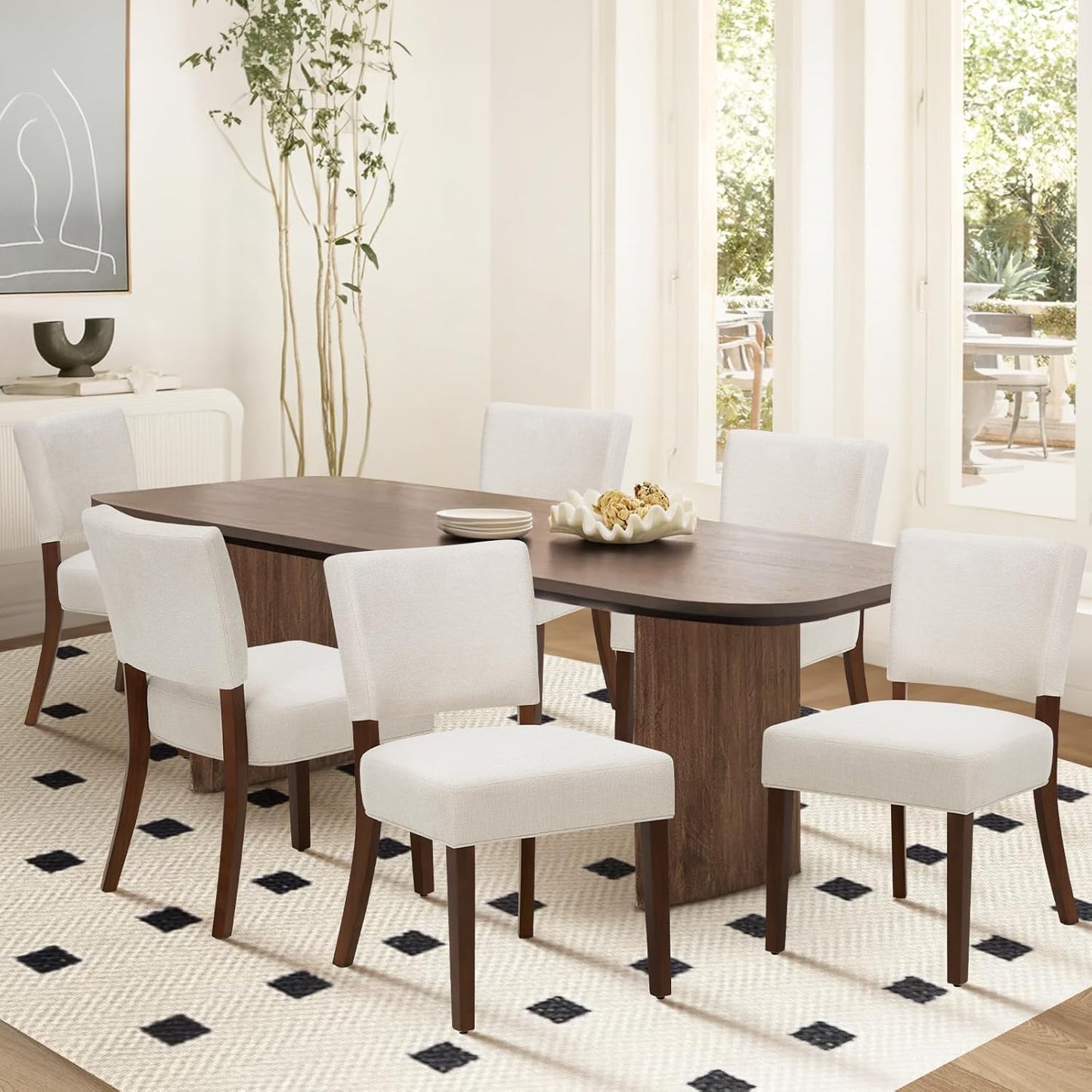 COLAMY Upholstered Dining Chairs Set of 6, Modern Kitchen Chairs with Back, Farmhouse Fabric Side Dining Room Chairs with Wood Legs for Dining Room Kitchen Restaurant, Beige