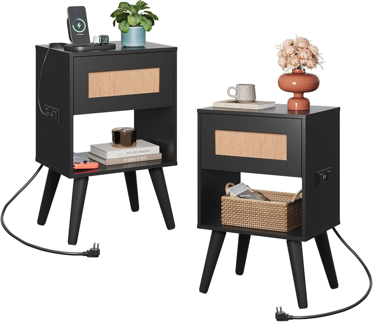 WLIVE Rattan Nightstands Set of 2 with Charging Station, Boho Nightstand, Wood Side Table, Small End Table with Drawers for Bedroom, Black