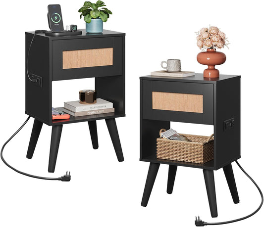 WLIVE Rattan Nightstands Set of 2 with Charging Station, Boho Nightstand, Wood Side Table, Small End Table with Drawers for Bedroom, Black