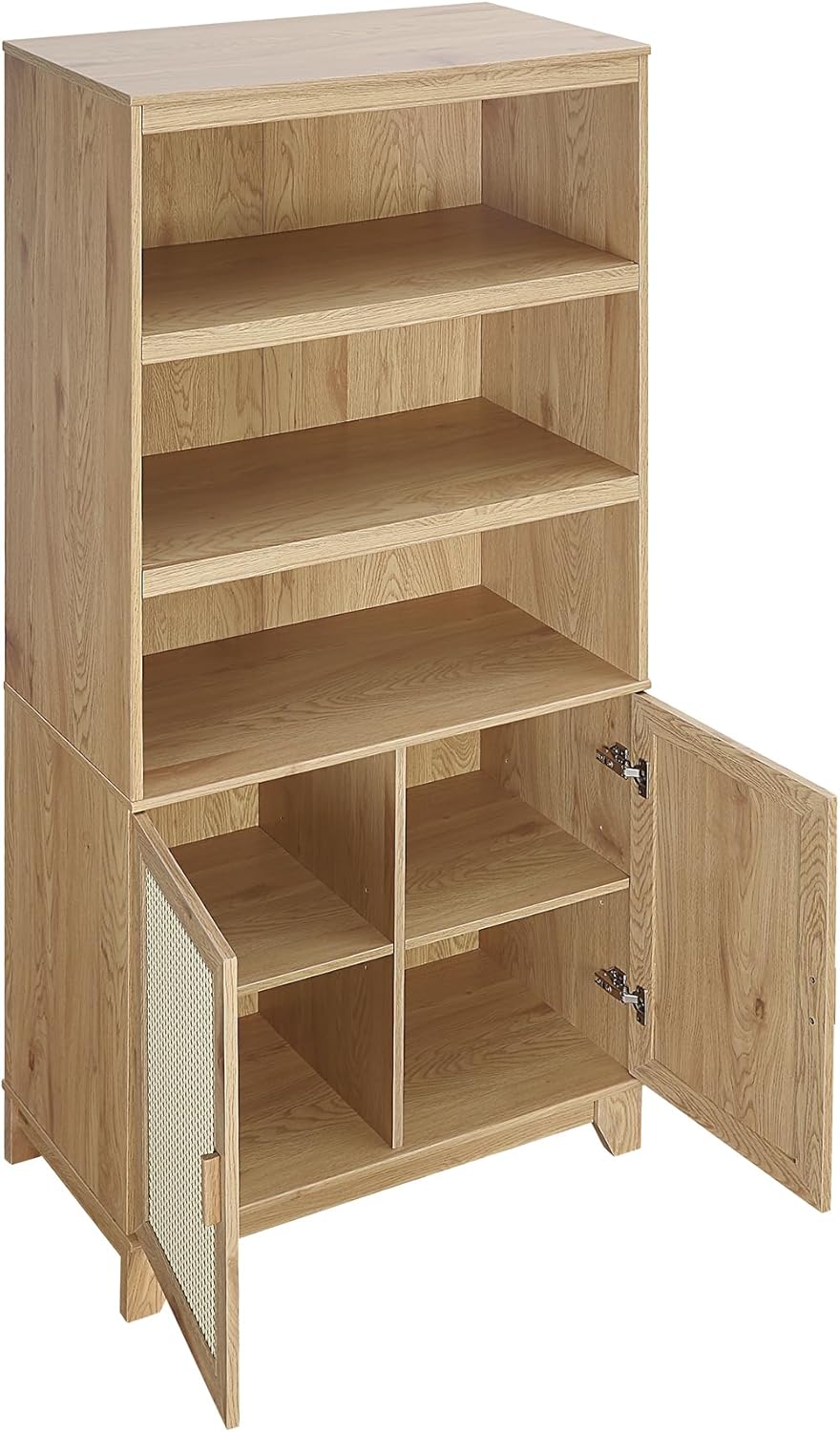 Manhattan Comfort Sheridan Modern Cane Bookcase with Adjustable Open Shelves, Soft Close Doors, and Concealed Compartments, Versatile 3 Tier Bookshelf Storage for Home and Office, Set of 1, Nature