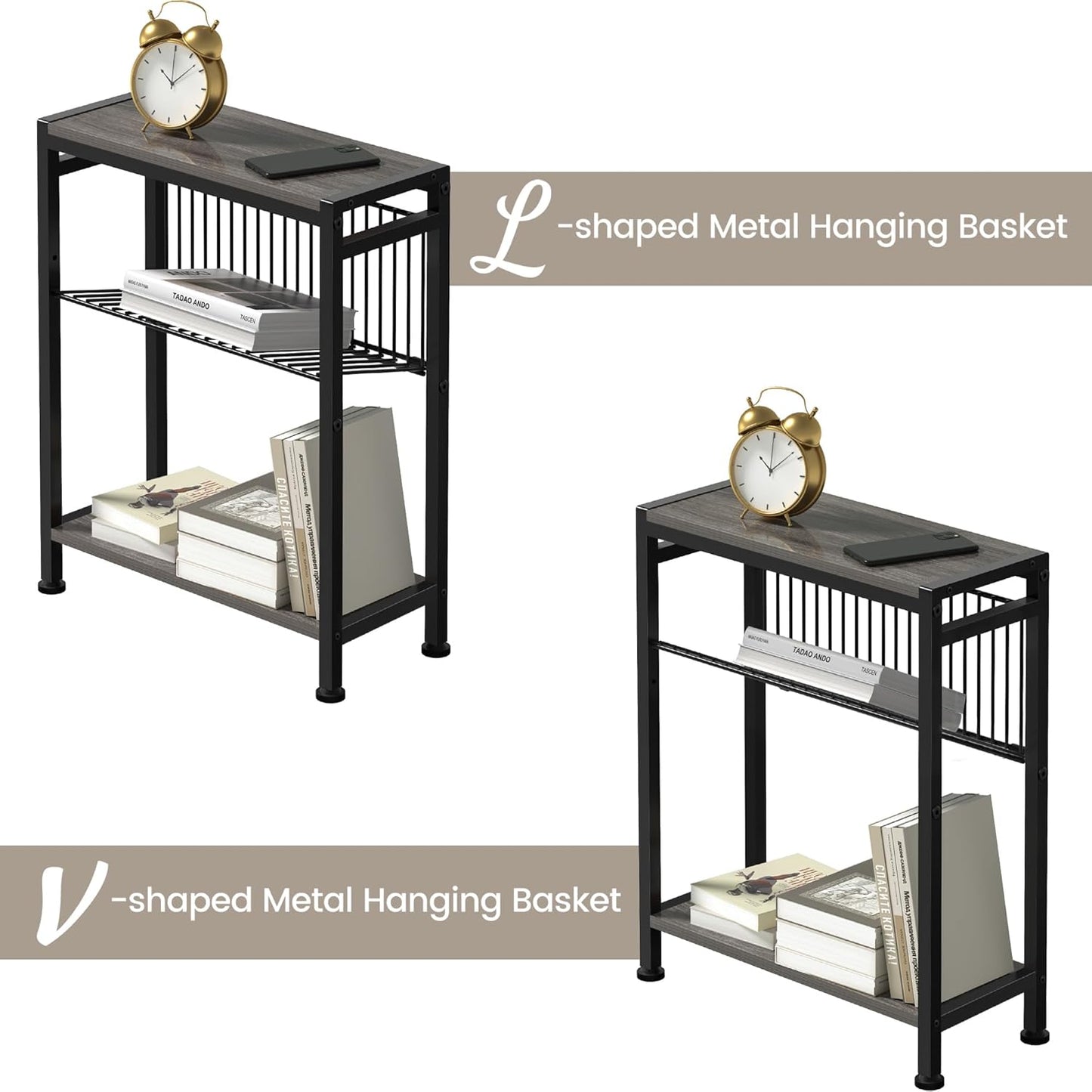 End Table for Small Space, 3-Tier Narrow Side Table with Magazine Holder,Slim Nightstand, Skinny Snack Couch Table in Living Room, Bedroom Study and Balcony (Grey)