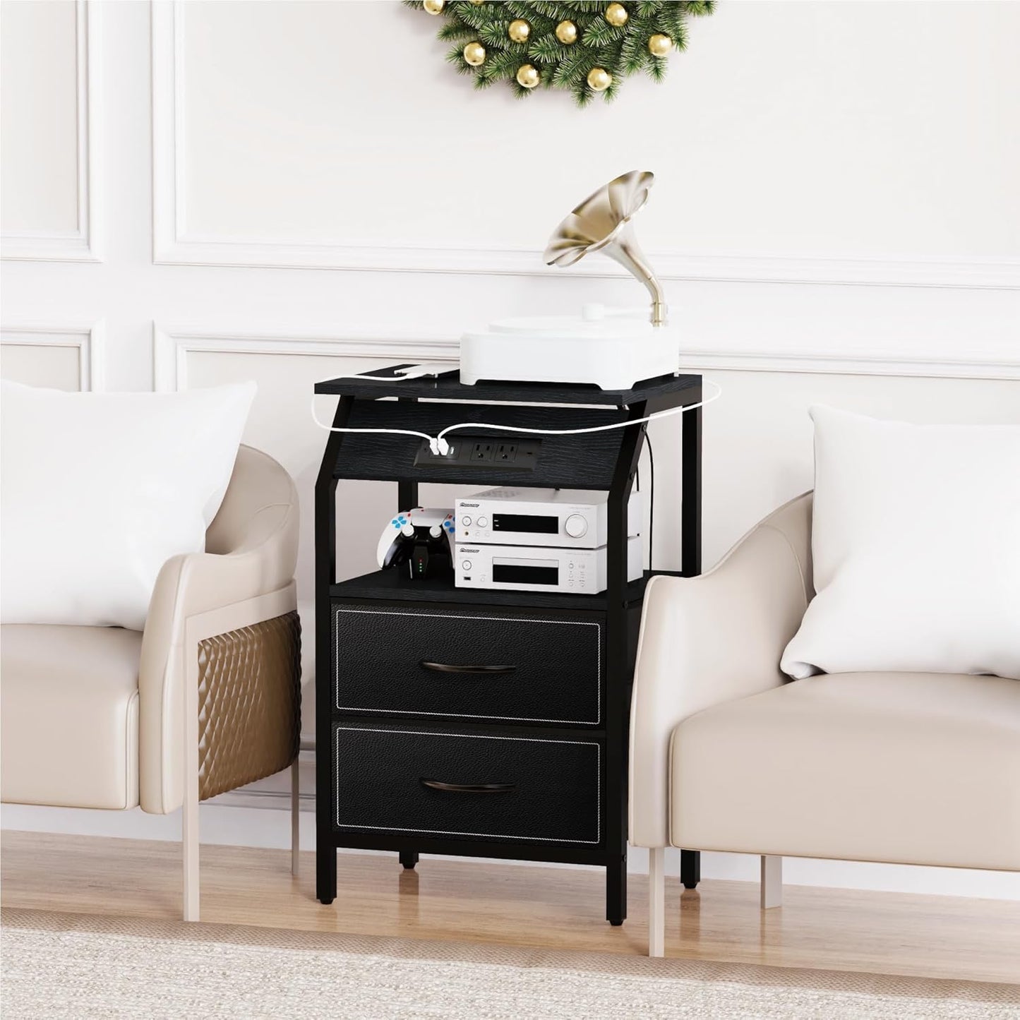 End Table with Light, LED Nightstand with 2 Drawers and Type C Charging Station, Small Fabric Dresser for Bedside, Storage Side Table for Living Room, Dorm, Black