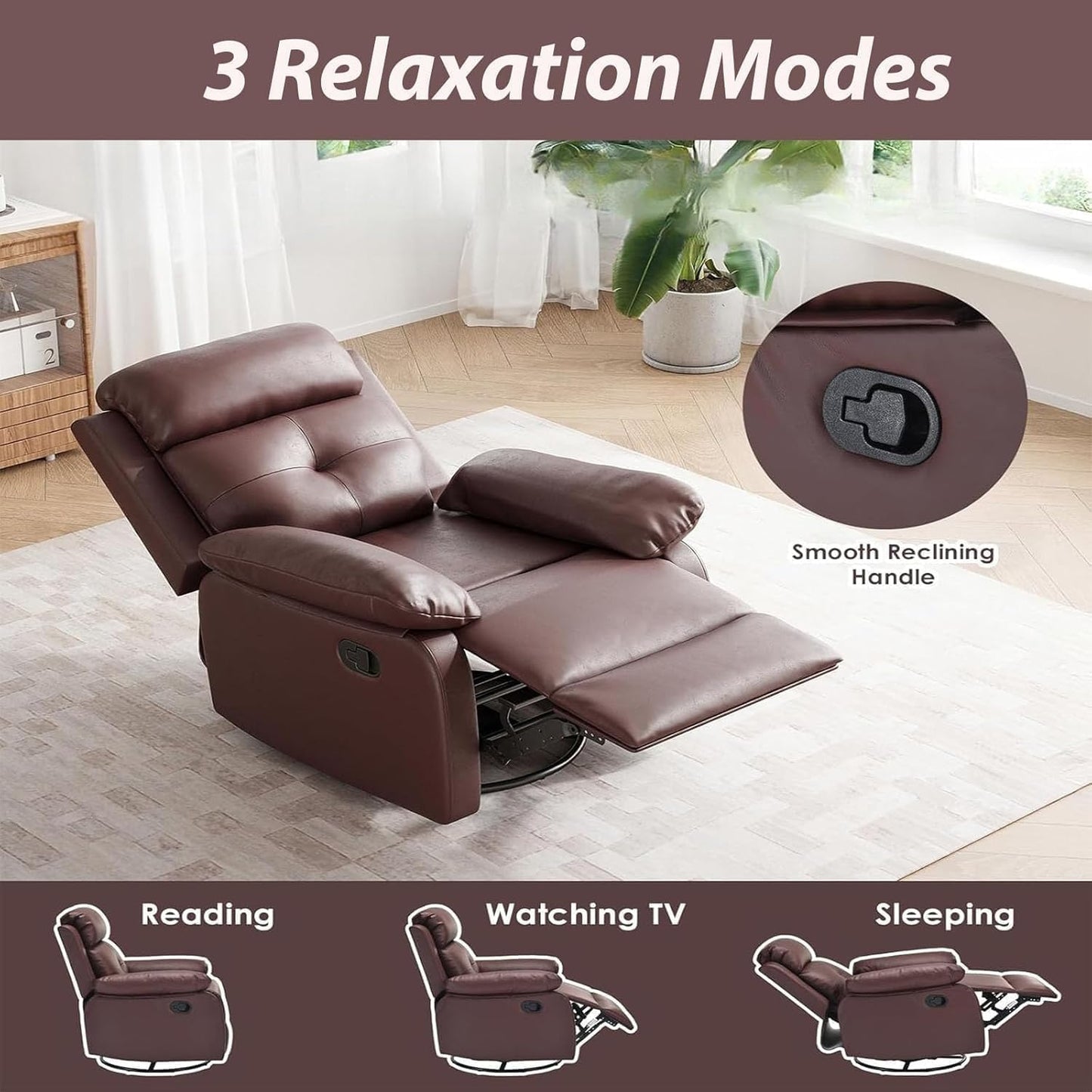 Swivel Rocker Recliner, 360 Swivel Small Recliners with 30 Degree, 90-150 Degree Angle, Faux Leather Lift Chair for Home Theater Seating, Adults, Living Room, Bedroom, Brown