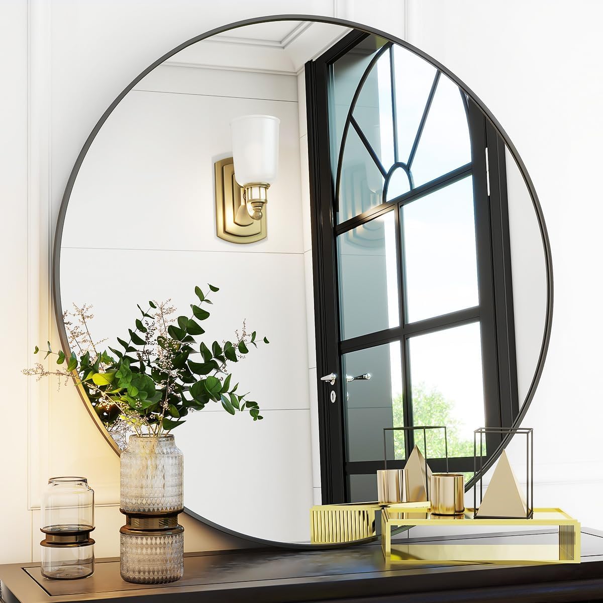 Black Round Bathroom Mirror, 30 inch Circle Wall Mounted Hanging Mirror with Simple Modern Circular Metal Frame for Hallway, Entryway, Living Room, Black Frame