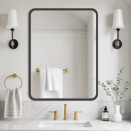 WallBeyond 30x40 Inch Wood Mirror for Bathroom, Wooden Frame Wall Mirror Farmhouse Wall Mounted Rectangle Mirror for Vanity (Horizontal/Vertical Black Color)