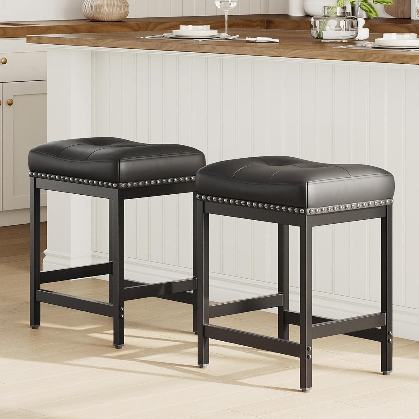 MALOL Set of 2 Saddle Bar Stools Counter Height 24.4”, Black Backless Barstools for Kitchen Island, Modern PU Leather Cushioned Seat, Bar Chairs for Kitchen Counter, Breakfast Bar Stools for Home