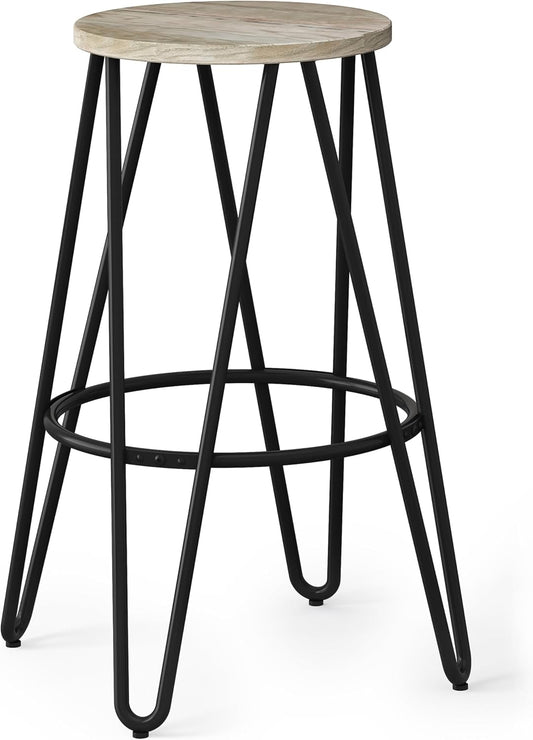 SIMPLIHOME Simeon Industrial Metal 30 inch Metal Bar Stool with Wood Seat in Natural / Black for the Dining Room and Kitchen