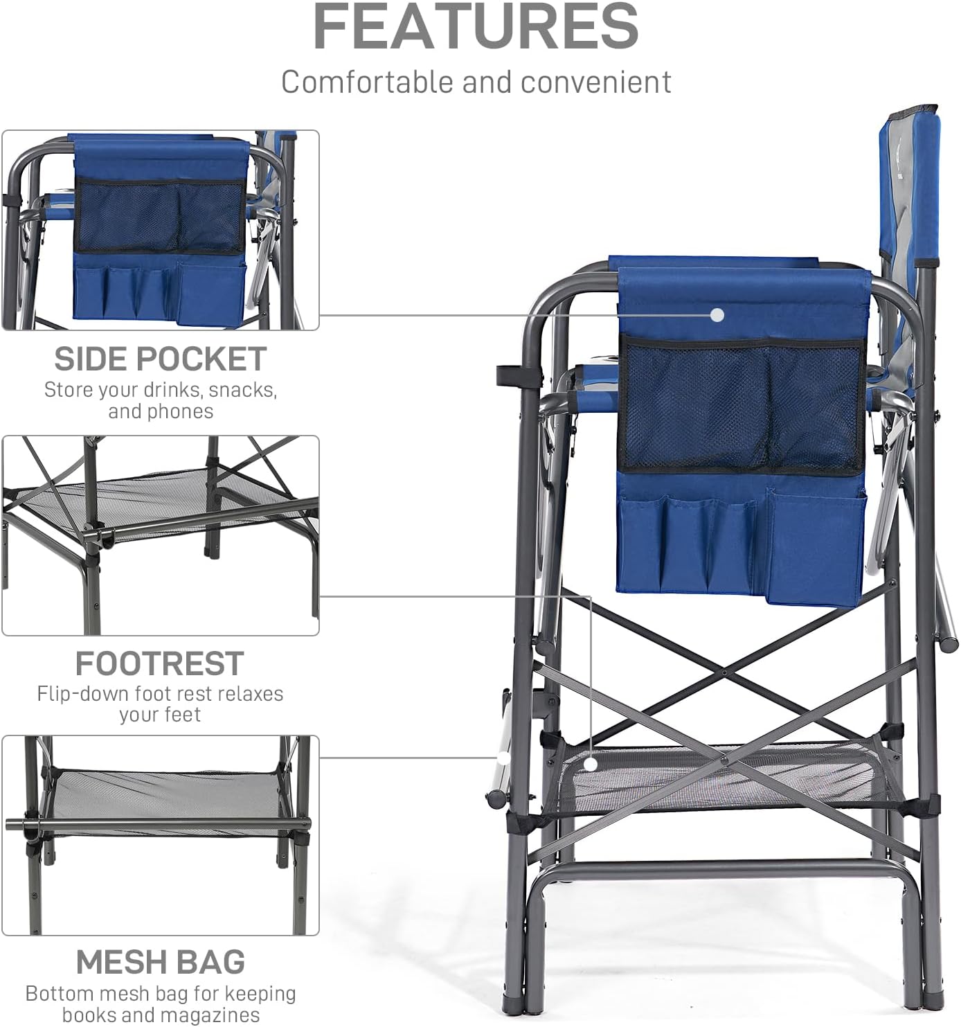 EVER ADVANCED Tall Folding Chair 30.7" Seat Height Directors Chair High Foldable Bar Stool for Makeup Artist Face Painting with Side Table Cup Holder and Storage Pocket Supports 350LBS (Blue/Grey)