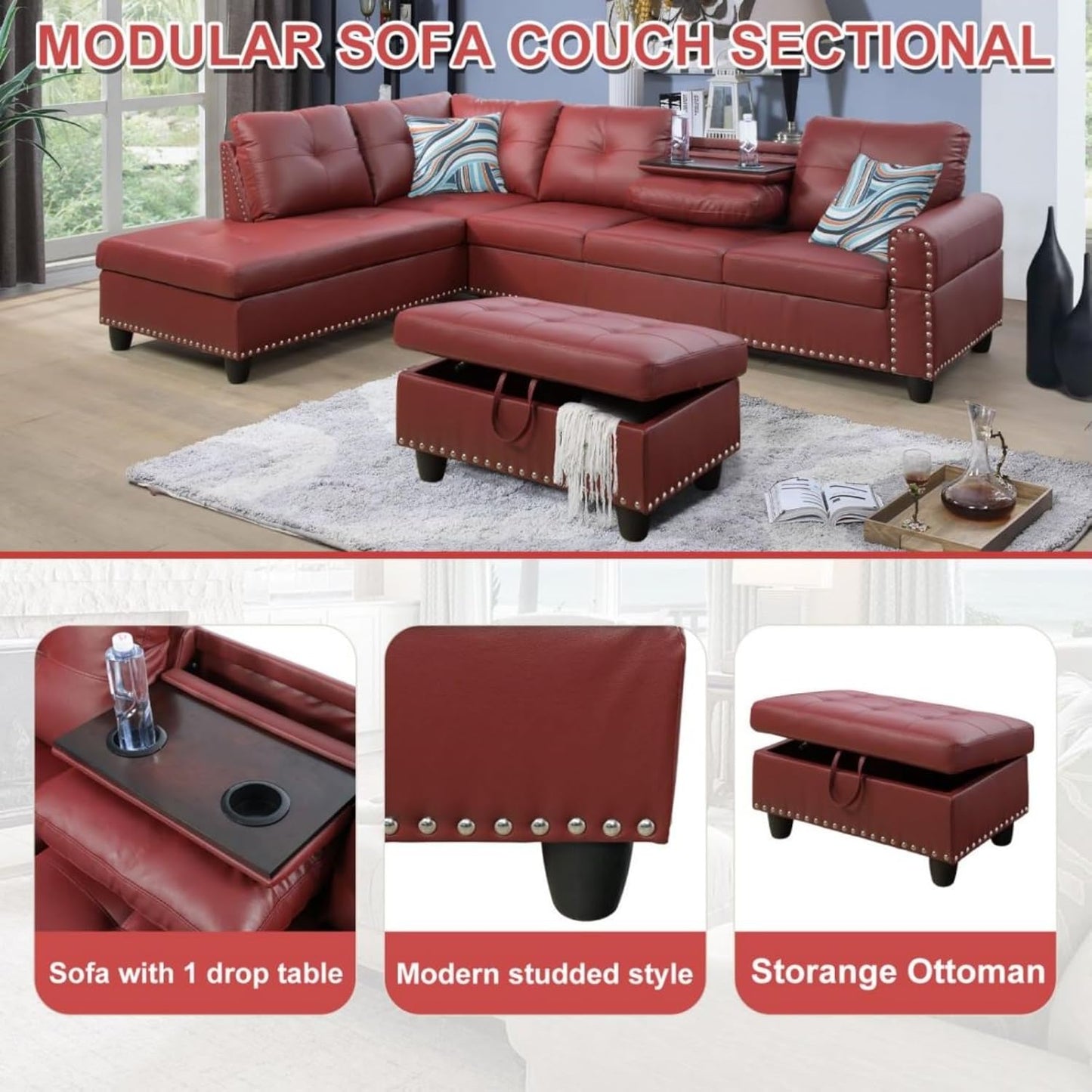 LeatherL Shaped Couch with Ottoman, Modern Nail-Head Design Comfy Sectional Sofa with Cup Holder & Chaise for Living Room, Bedroom, Office, Red
