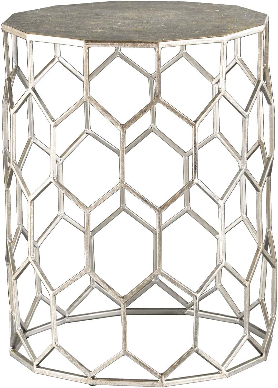SEI Furniture Clarissa Metal Honeycomb Accent Table, Geometric Style Round Console Table With Faux Leather Top for Living Room, Silver, 13.75 in x 13.75 in x 18.25 in