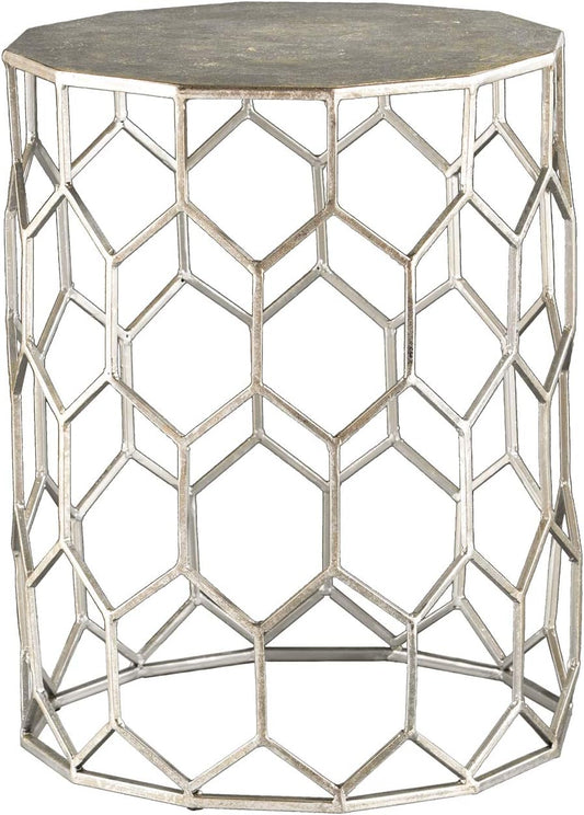 SEI Furniture Clarissa Metal Honeycomb Accent Table, Geometric Style Round Console Table With Faux Leather Top for Living Room, Silver, 13.75 in x 13.75 in x 18.25 in