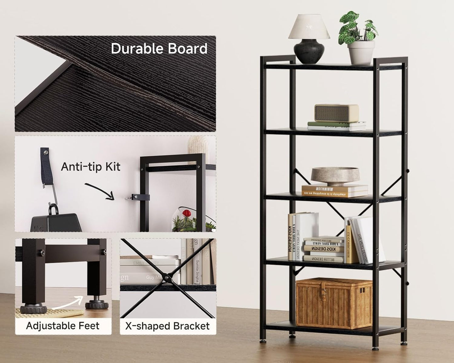 Casaottima Book Shelf, 5 Tier Bookshelf, Modern Wood Bookcase Shelves for Bedroom, Industrial Display Shelf for Living Room Home Office Kitchen, Standing Shelving Unit Storage Organizer, Black