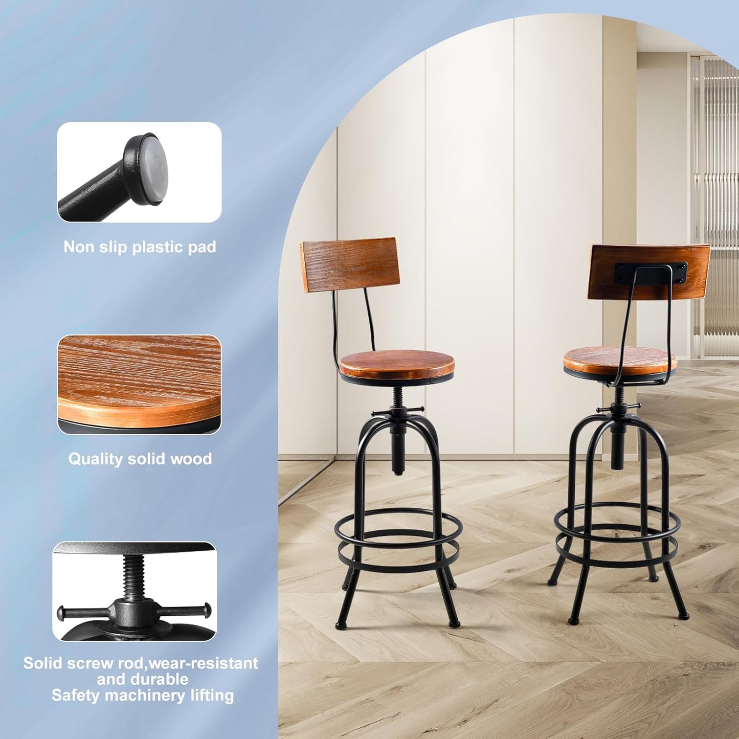 LOKKHAN Industrial Bar Stool-26-32 Inch Adjustable Swivel Round Wood Metal Kitchen Stool Rustic Farmhouse Counter Height Extra Tall Bar Height Stool-Arc-Shaped Backrest,Welded,Set of 2