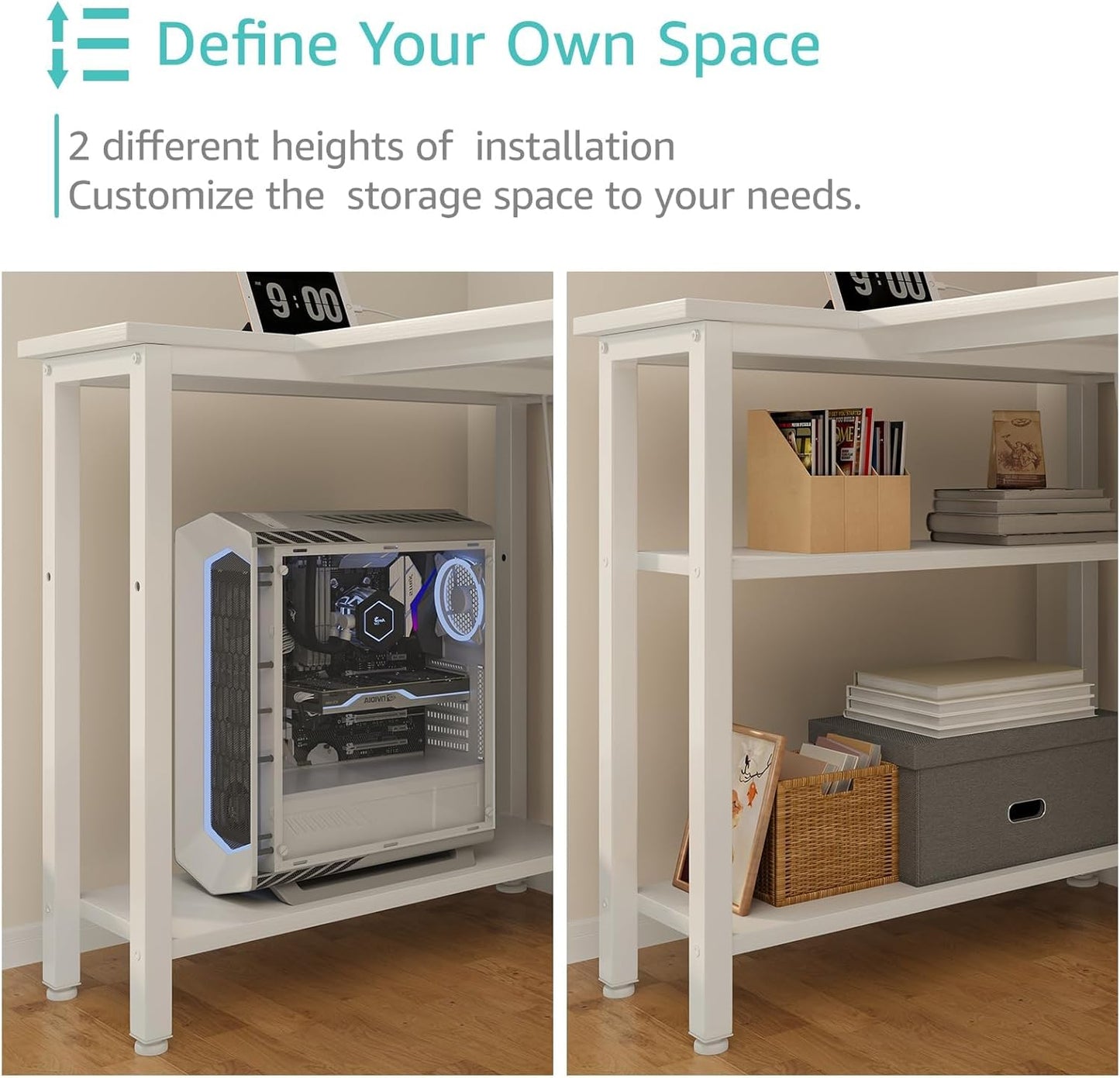 Lufeiya White L Shaped Computer Desk with Drawers & Storage Shelves, 63 Inch Reversible Corner Desk with Power Outlet for Home Office Bedroom, L-Shaped Teen PC Desks with Fabric Drawer, White