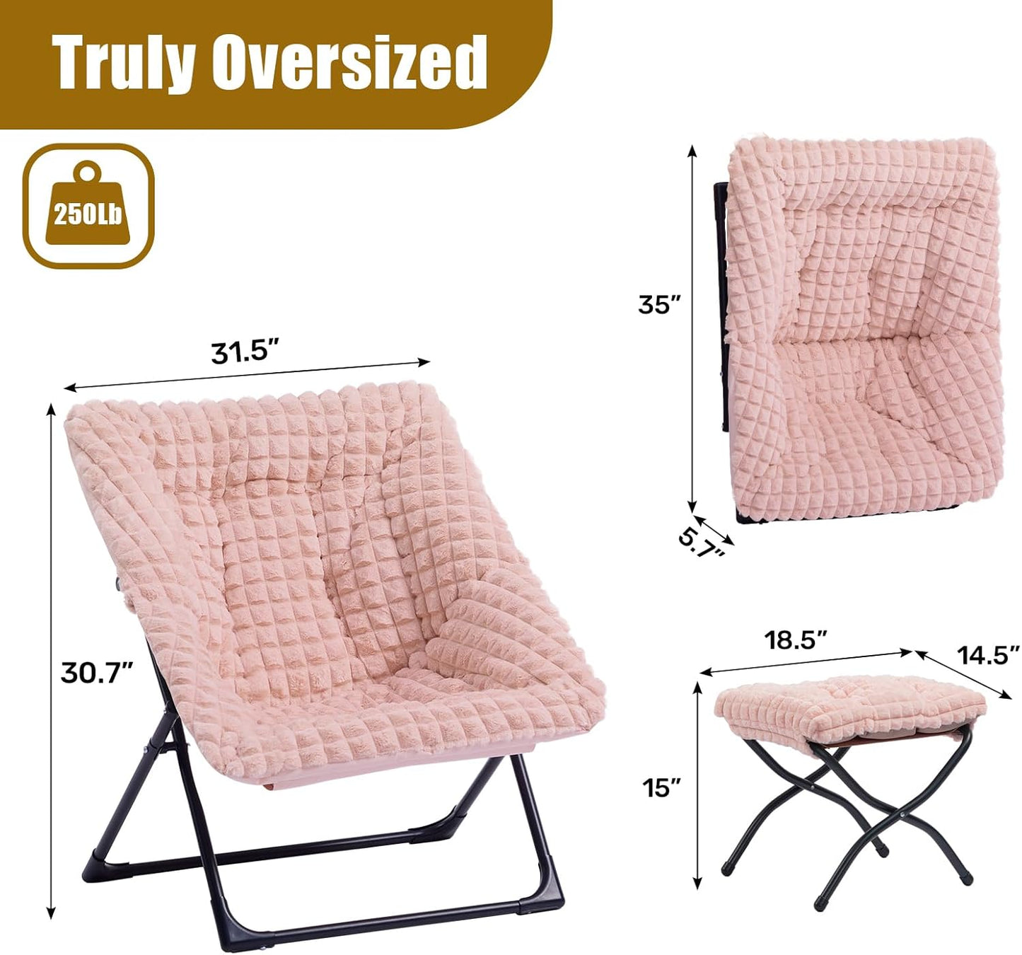 HollyHOME X-Large Saucer Chair with Foldable Ottoman, Comfy Oversized Folding Chair and Folding Footrest Stool Set, Faux-Fur Reading Chair and Footstool for Living Room, Bedroom, Pink Chair&Stool
