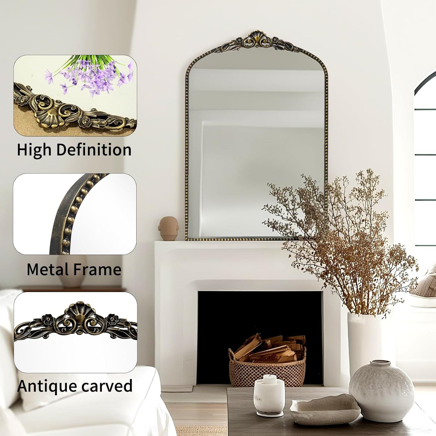 G-LEAF Vintage Baroque Mirror 24"X36", Victorian Antique Farmhouse Mantel Mirror with Black Brush Gold Ornate Metal Frame for Fireplace Entryway Living Room Hallway Bathroom