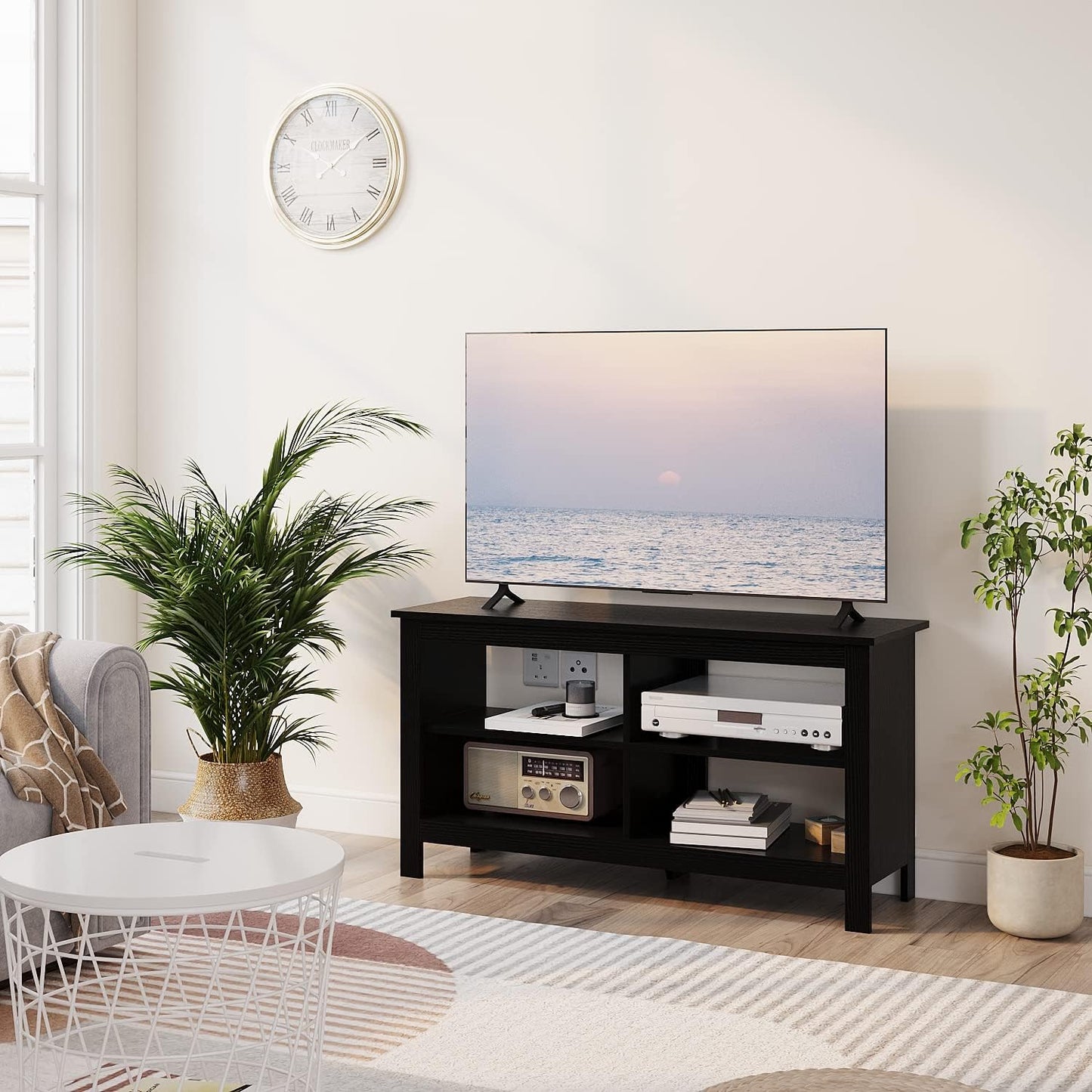 43 Inches TV Stand,Mid Century Modern Entertainment Center with 4 Open Shelves Farmhouse TV Media Console Table for Living Room,Bedroom,Television Stand up to 50 Inches(Black)