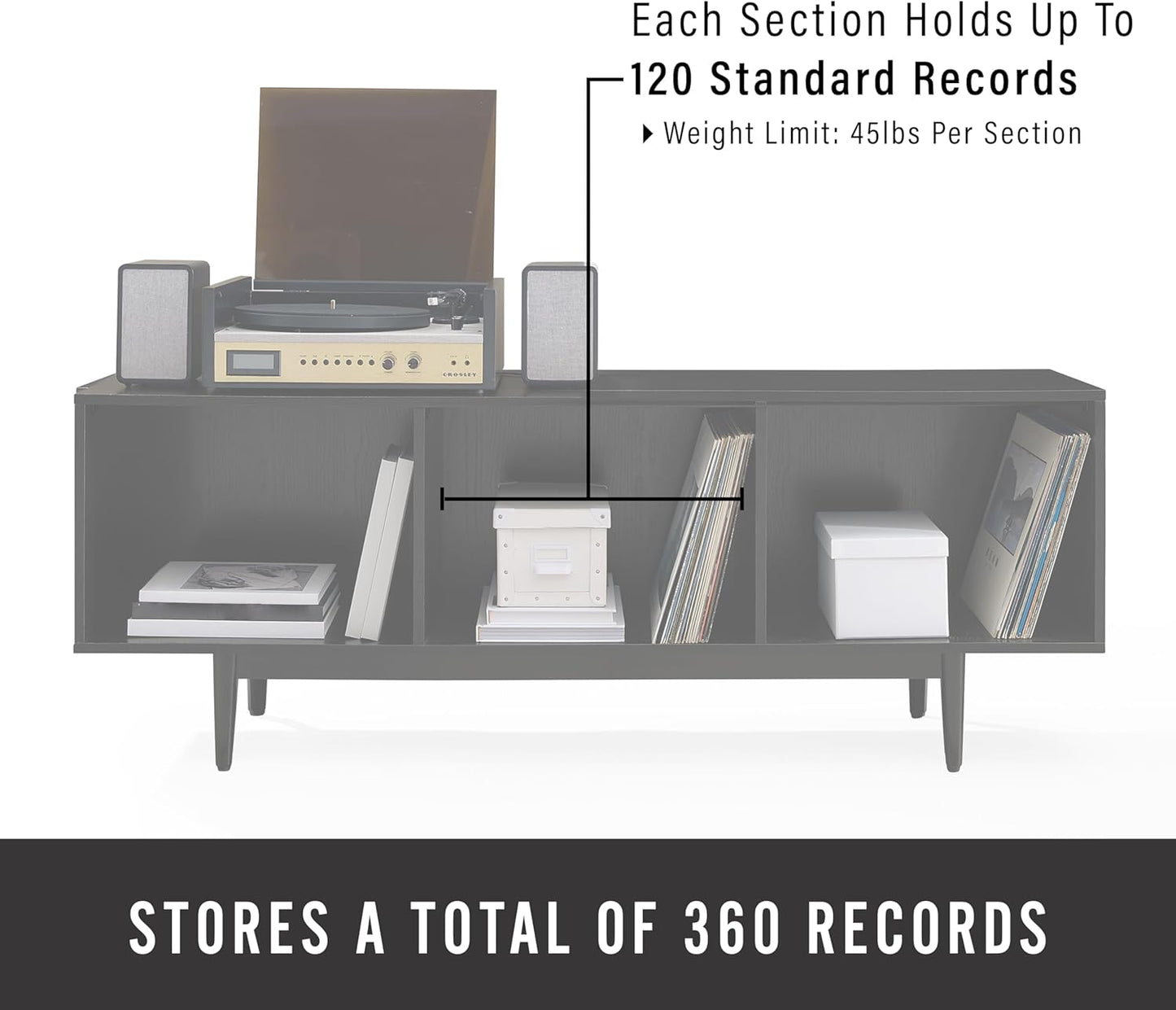 Crosley Furniture Liam Large Vinyl Record Storage TV Stand and Entertainment Center, Media Console, Black
