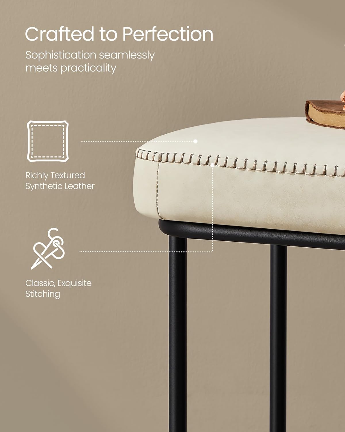 VASAGLE EKHO Collection - Storage Bench for Entryway, Ottoman Bench with Steel Frame, 43.3-Inch Wide, Synthetic Leather, Living Dining Room, Mid-Century Modern, Loads 660 lb, Cream White ULOM085W02