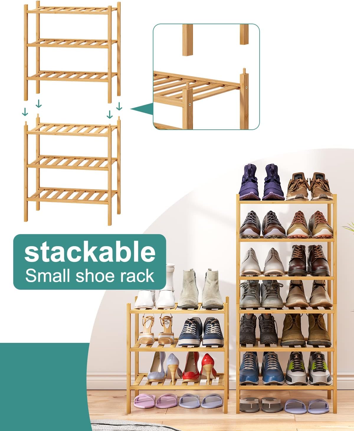 Small Shoe Rack, 6-Tier Shoe Shelf for Entryway, Bamboo Wood Shoe Rack for Closet & Hallway, Long 17.2IN | Beautiful | Functional | Sturdy | Durable