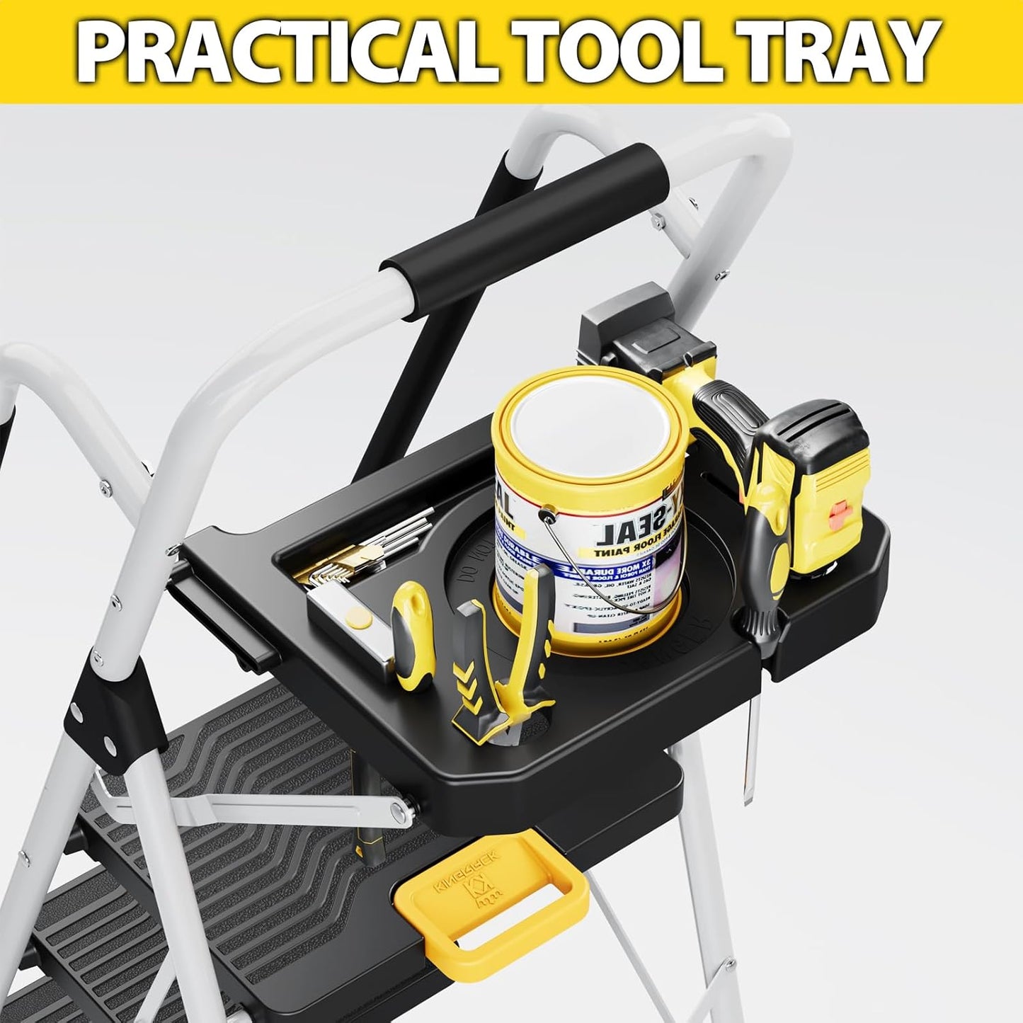 KINGRACK Folding 5-Step Ladder, 800 lbs Capacity Step Stool with Safety Lock, Tool Tray, Non-Skid Wide Steps, Handrail, Household Folding Ladder for Home, Garden, Painting, Outdoor, and Garage, White