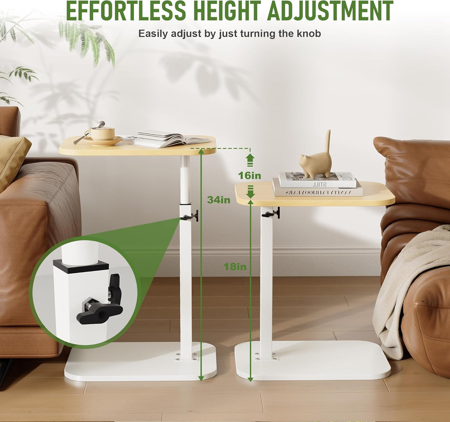 C Shaped End Table for Couch, Adjustable Height Couch Side Table, Horizontal 360°Swivel Small TV Tray Table Couch Side Tables That Slide Under (Wood)