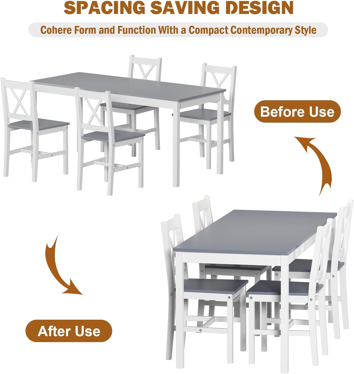 soges 5 Pieces Dining Table Set, Pine Wood Kitchen Table with 4 Chairs, 47.2 inch Table Set for 4, Rectangular Dining Table Furniture Set for Kitchen, Dining Room, Dinette, White Grey