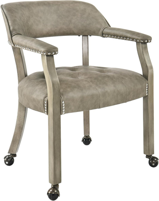 LEEMTORIG Large Dining Chairs with Casters and Arms, Rolling Dining Chairs with Wheels, Solid Wood Boss Caption's Chairs Office Desk Chairs, 26" D x25.2 W x 31.5" H, Soft Light Grey PU SY-1318-UA
