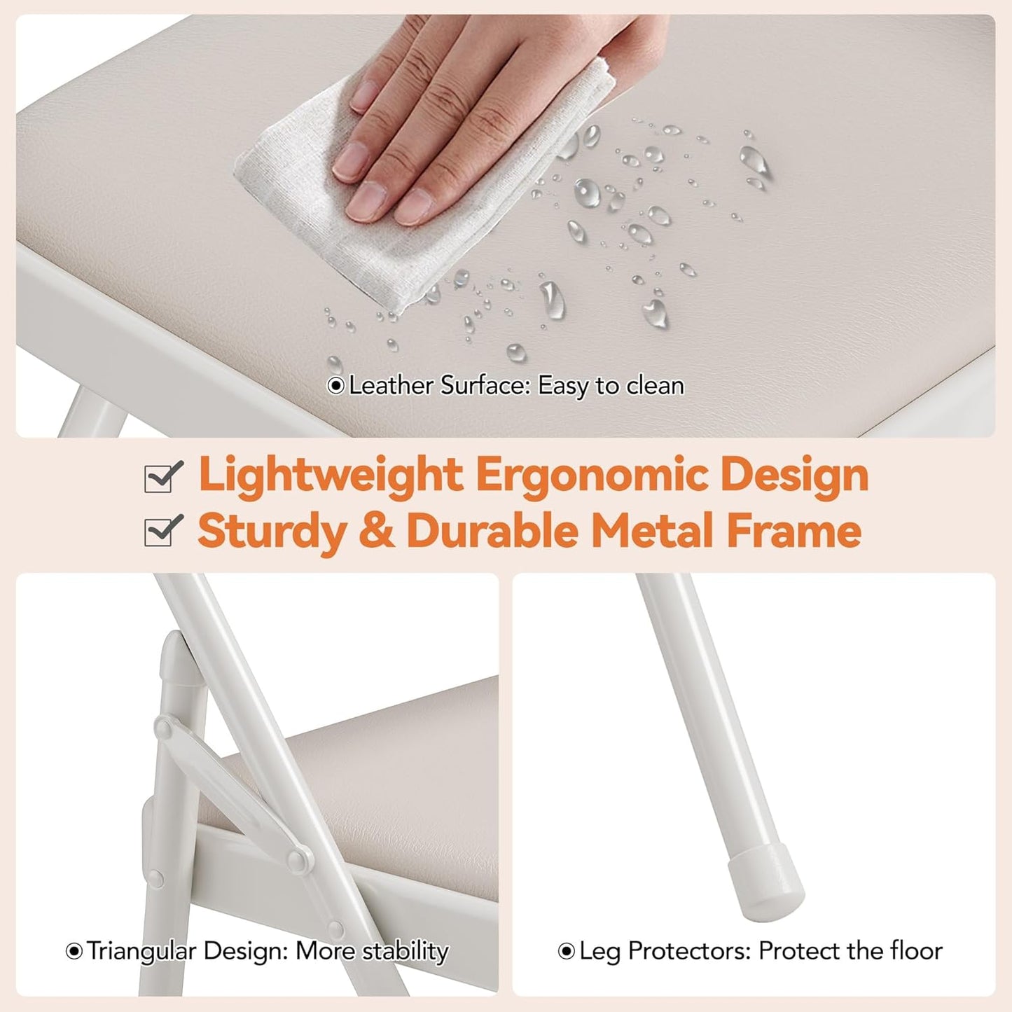 GarveeHome 4 Pack Folding Chairs with PU Leather Padded Cushion and Back, Metal Foldable Chair for Indoor Outdoor, Commercial Stackable Guest Chairs for Camping, Dining Room, Office, Party, Beige