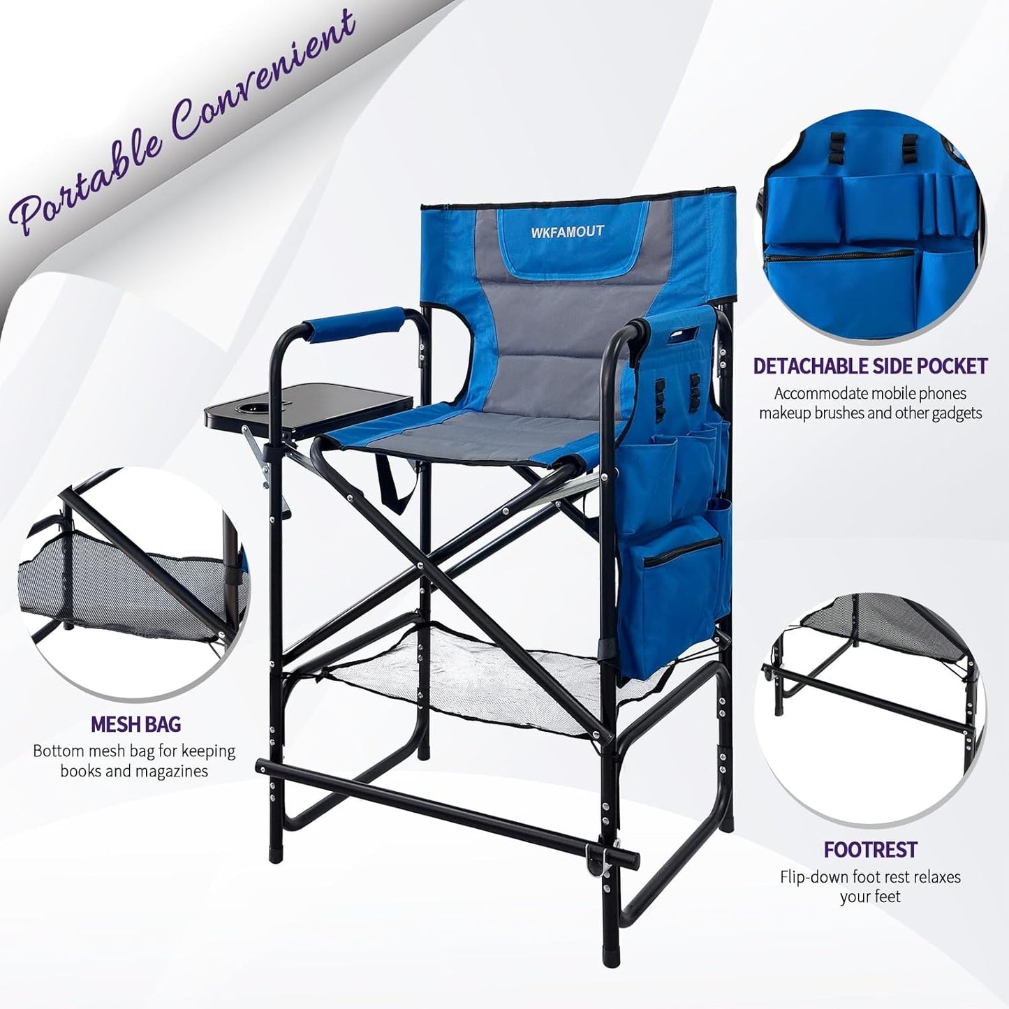 Tall Folding Directors Chair with Side Table 30.71" Seat Height Foldable Camping Chair Bar Stool for Makeup Artist Face Painting with Footrest and Storage Pocket Supports 350LBS