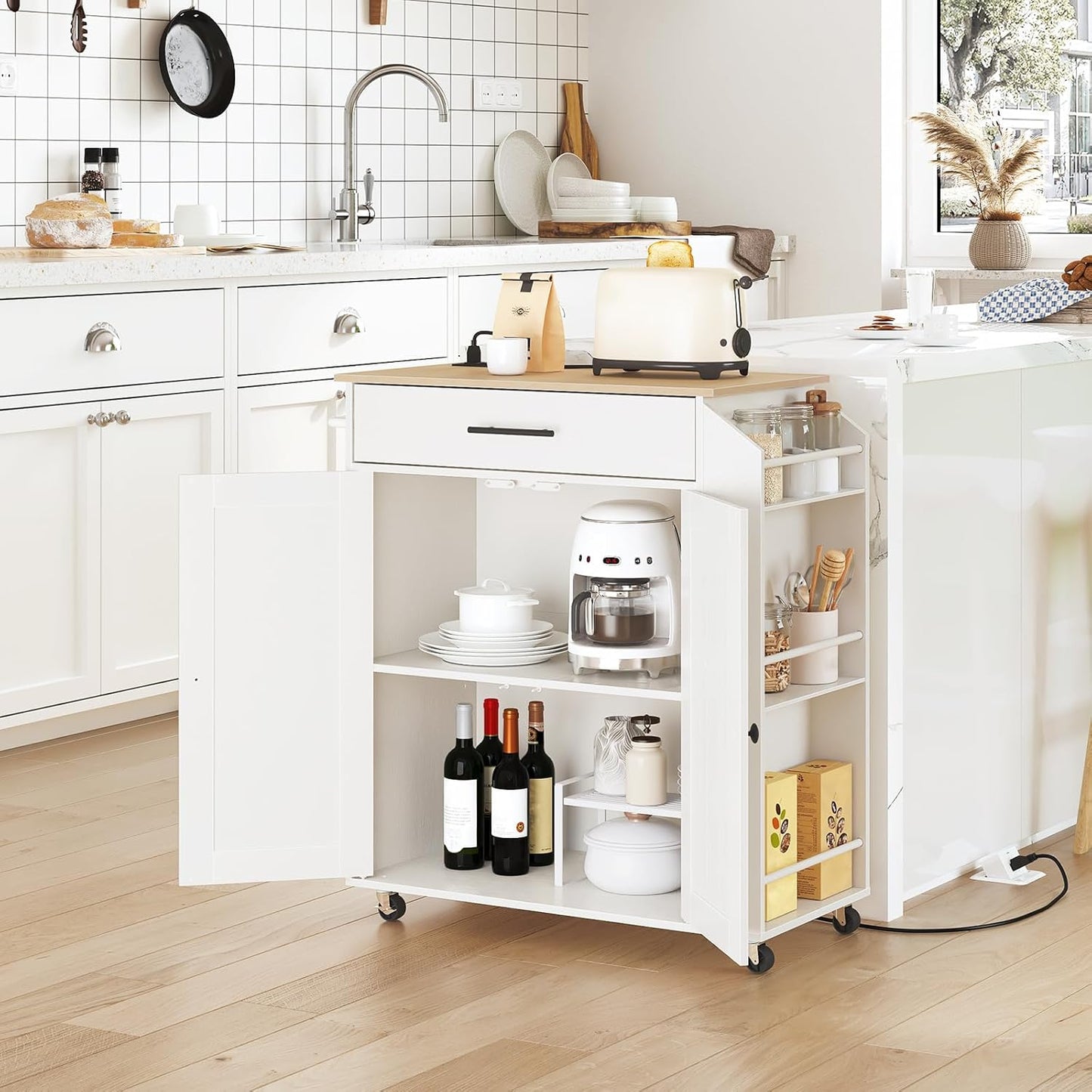 HOOBRO Kitchen Island with Power Outlet, Kitchen Storage Island with Spice Rack and Drawer, Rolling Kitchen on Wheels, for Home, Dining Room, Natural and White