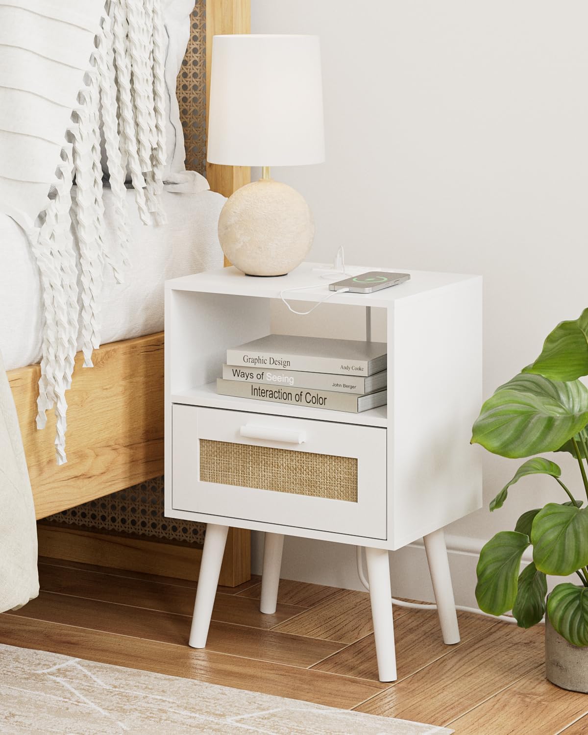 Bedroom Nightstands Wooden Night Stands with Rattan Weaving Drawer Home Bedside End Table for Bedroom Storage (Modern-White)