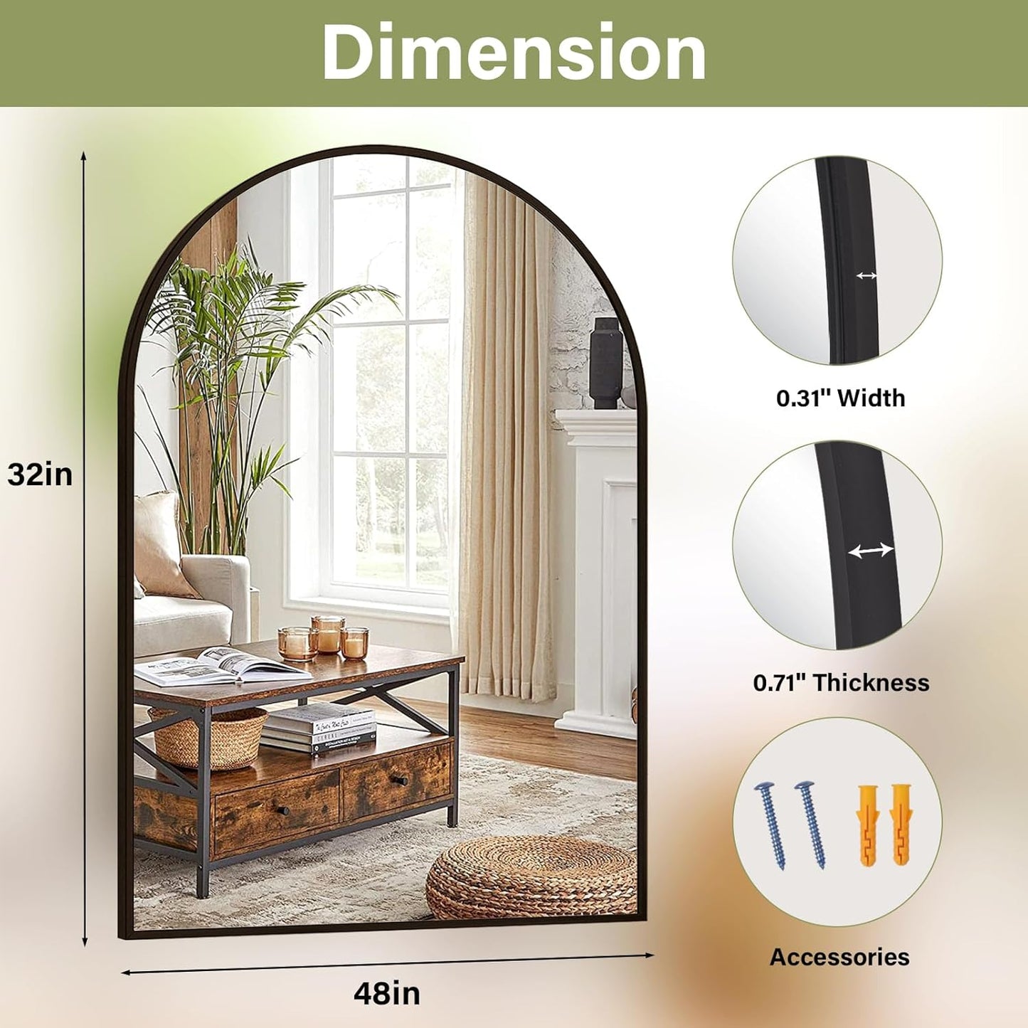 32"x48" Arched Bathroom Mirror with Aluminum Frame Arched Wall Mounted Vanity Mirror for Entryway, Bedroom, Living Room, Black