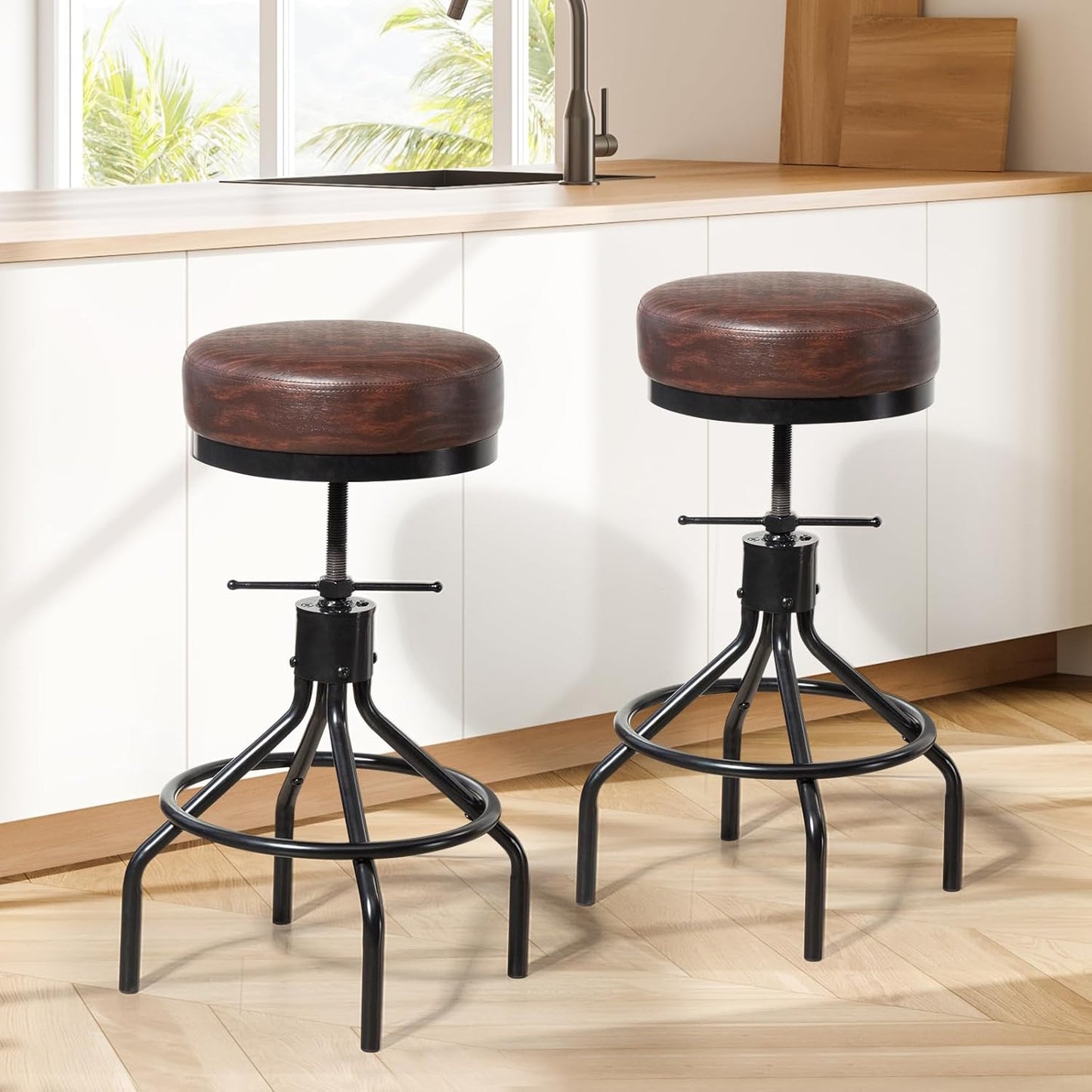 Counter Height Bar Stools Set of 3 Adjustable Swivel Barstools Industrial Modern PU Leather 28inch Round Backless Counter Height Stool Metal Bar Chair for Kitchen Island (3, Walnut)