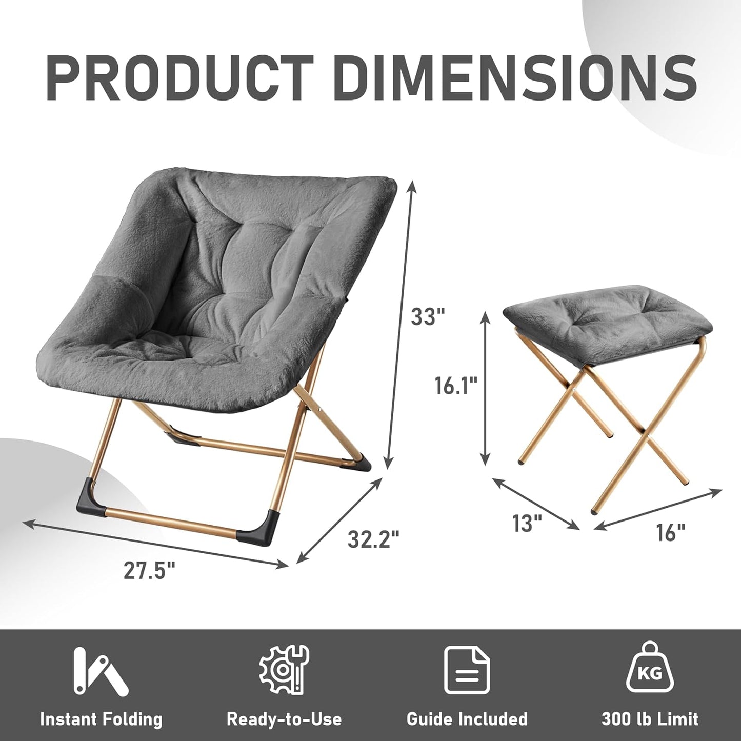 Comfy Oversized Saucer Chair with Ottoman,Soft Faux Fur Reading Lounge Chair for Adults,Stable X-Large Metal Frame and Non-Slip Pad,Cozy Chair for Bedroom, Living Room, Dorm, Dark Gray