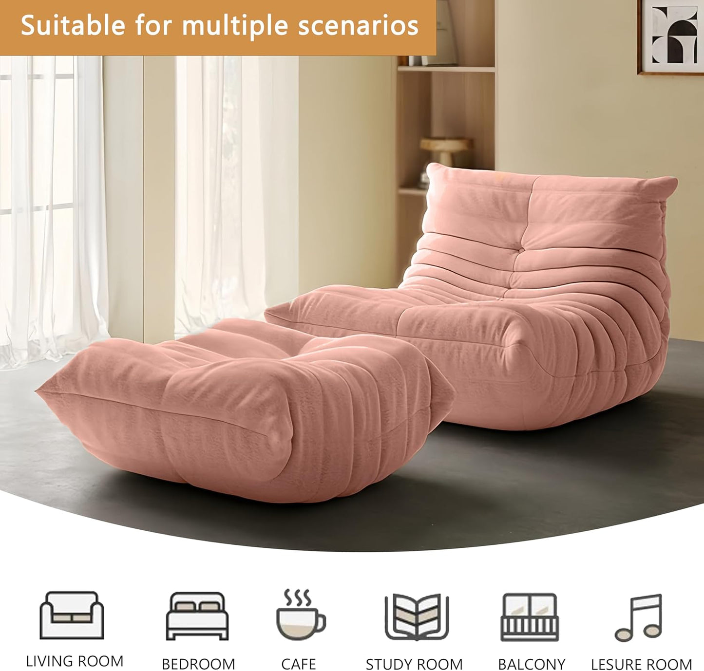 Bean Bag Chair - Memory Foam Bean Bag Chair for Adults, Comfy High-Resilience Single Sofa, Small Space Floor Chair, Chaise Lounge for Living Room, Bedroom (Pink, Wrinkles+Ottoman)