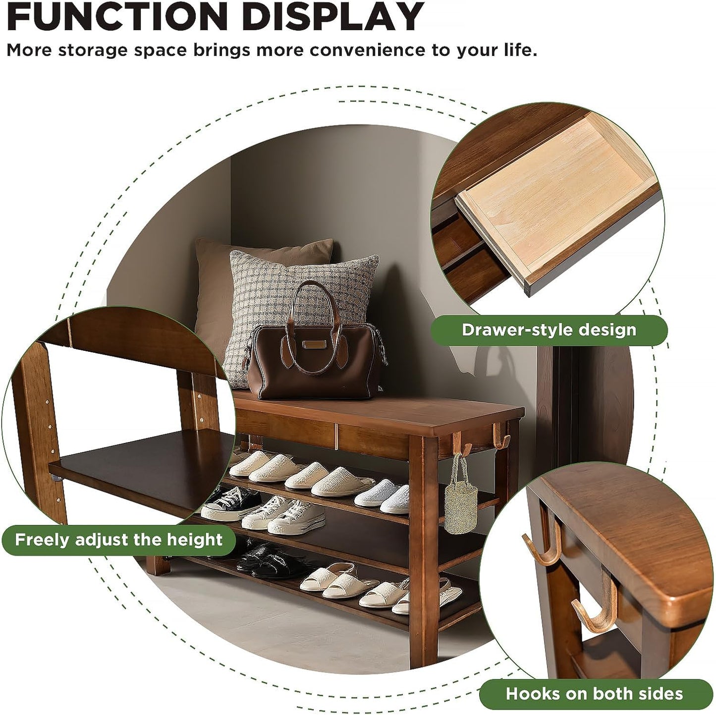 Wood Shoe Bench Entryway with Drawer: 3-Tiers Wooden Storage Shoe Rack with Bench Seat, Compact Mid-Century Modern Design for Entryway,Hallway,Closet,Front Door Entrance,Foyer Walnut 31.5"