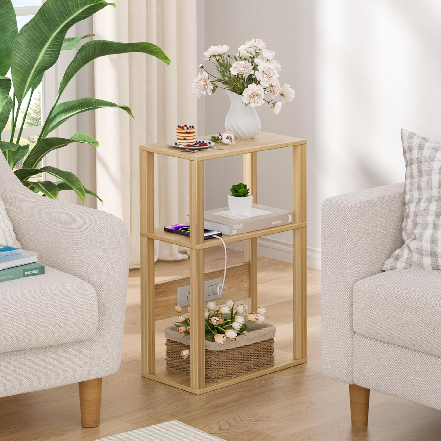 3 Tier Small Narrow Bamboo Side Table Set of 2 with Charging Station - Skinny Nightstand for Small Spaces, Slim Bedside Table with USB Ports and Outlets - Thin End Table with Storage, Natural